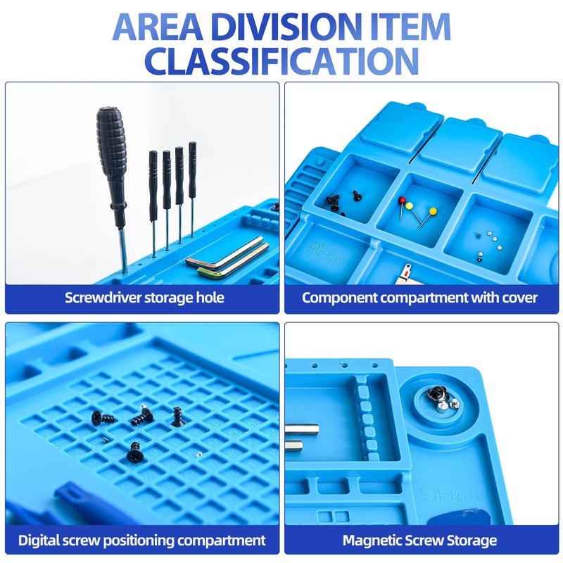 Professional Silicone Soldering Pad 932°F Heat-Resistant - 17.7“ x 11.8” Anti-Static Repair Workstation with Magnetic Area and Electronics Screw Storage Box