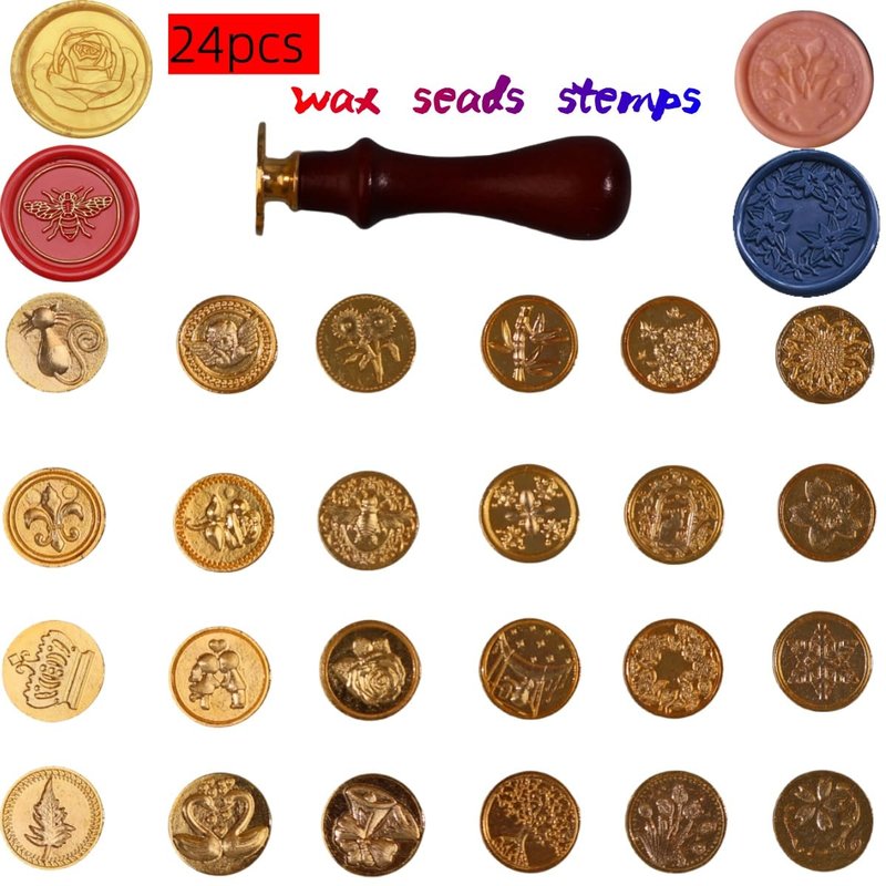 24 Pcs Wax Seal Stamp Kit, Vintage Classic Brass Wax Stamp Seal Head with Wooden Handle for Wedding Party Invitation Greeting Cards Envelopes Gift Wrapping Letter(A, 24)