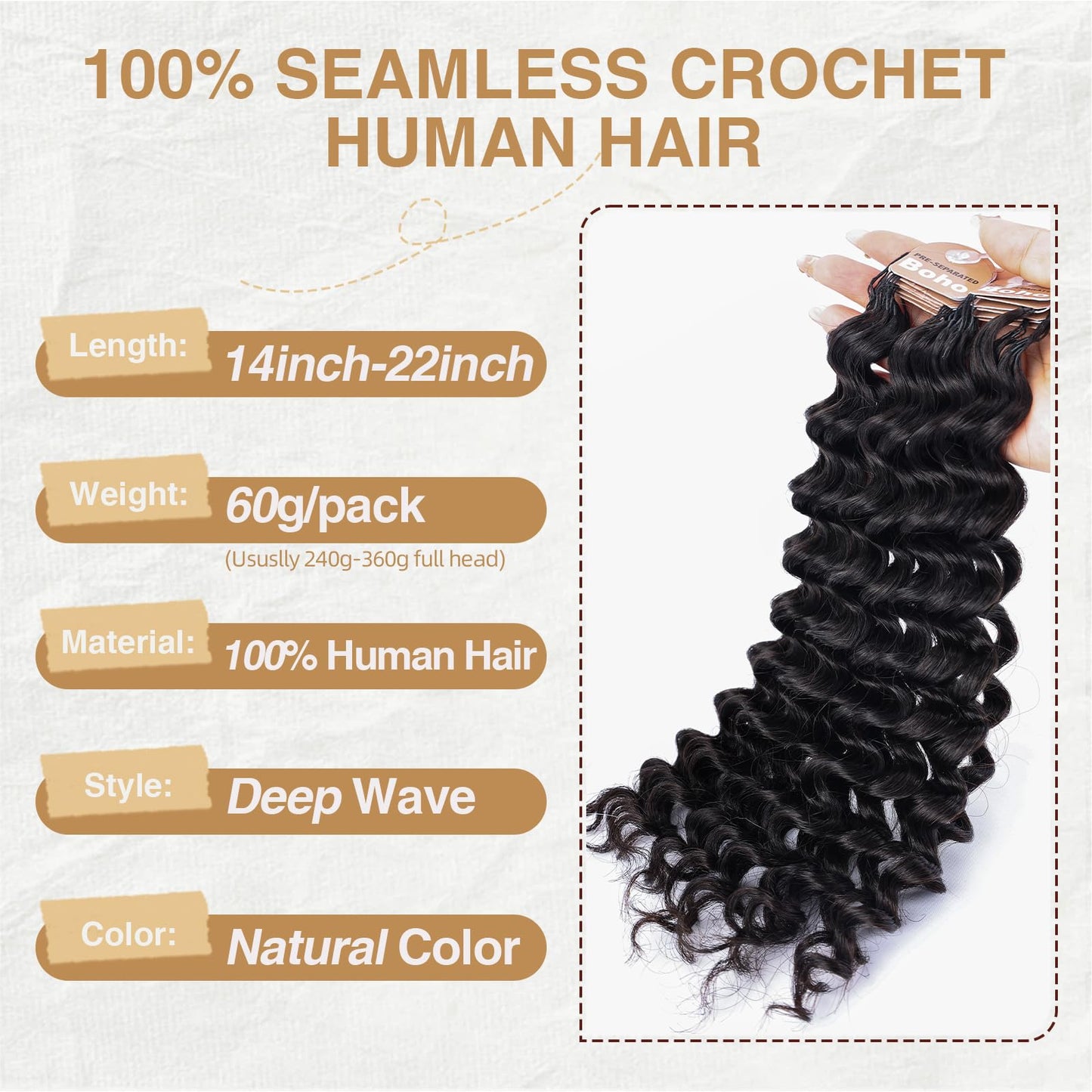 Human Crochet Hair for Black Women 18inch 120g Pre Separated 100 Strands Deep Wave Feather Crochet Human Hair Lightweight & No Itch, Invisible Knots, Easy Install Boho Crochet Hair Bundles
