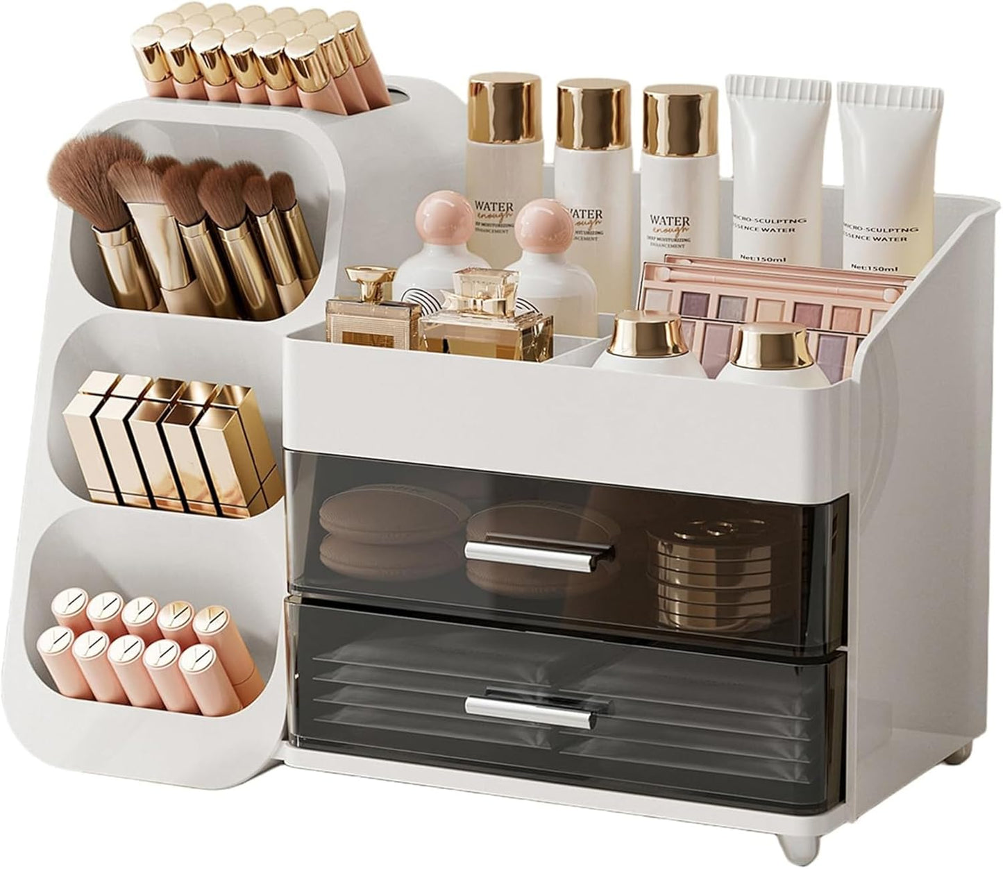 Makeup Organizer for Vanity - Large Capacity Skincare & Cosmetic Display Case with 2 Drawers | Brush Holder & Perfume Storage