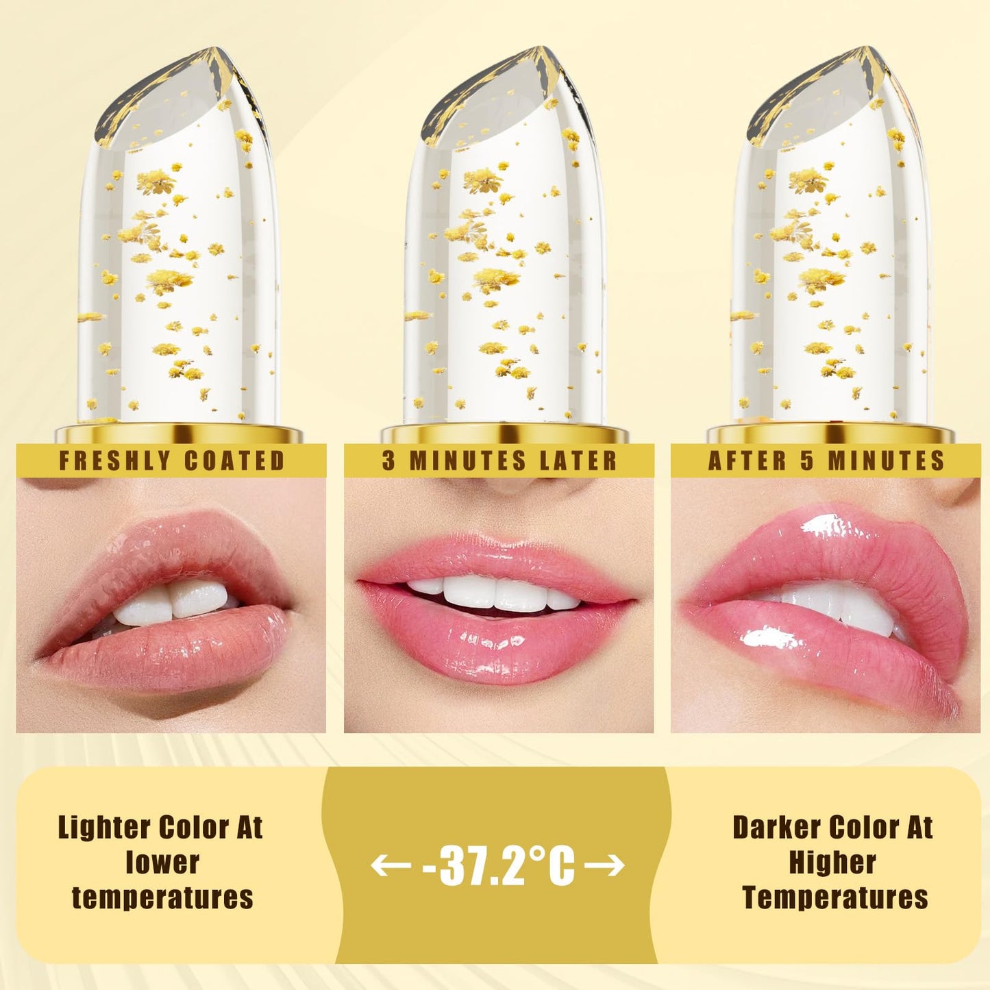 DENESTUP Color Changing Lipstick, Clear Lipstick Gold Foil Crystal Ph Adjusting Lip Stick, Color Changing Ph Lip Balm, True Tone Ph Adjusting Lipsticks for Women