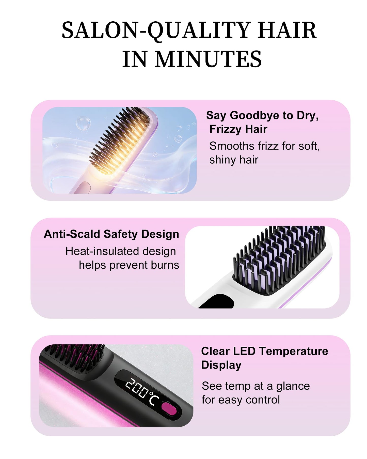 Go Brush Pro 2026 for Short Hair, Portable Straightener Brushs for Travel, with LCD Temperature Display, Fast Heating Cordless Mini Hair Brushs (Pink)