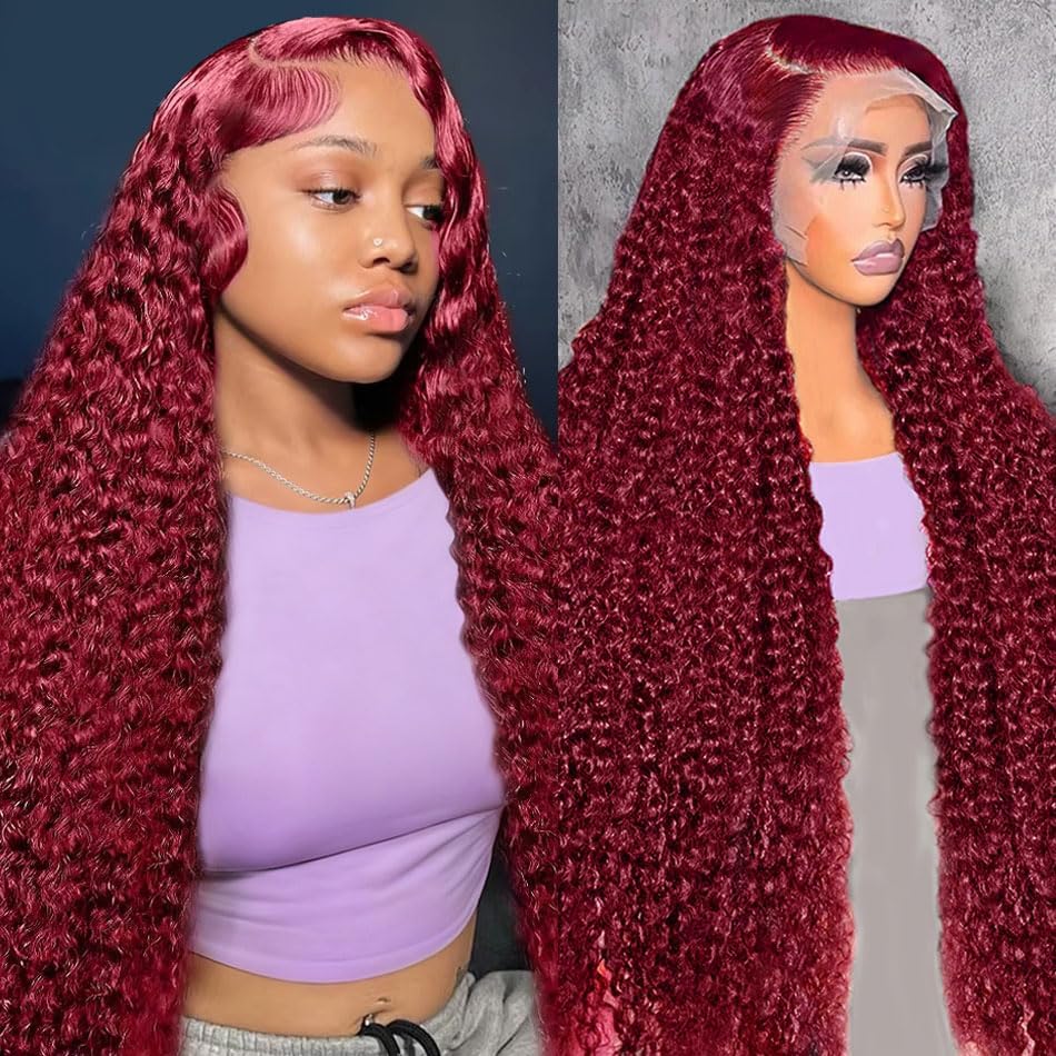 Burgundy 250 Density Human Hair Wig - 30 Inch 13x6 Deep Wave Lace Front | Pre-Plucked HD Transparent Lace Frontal for Women