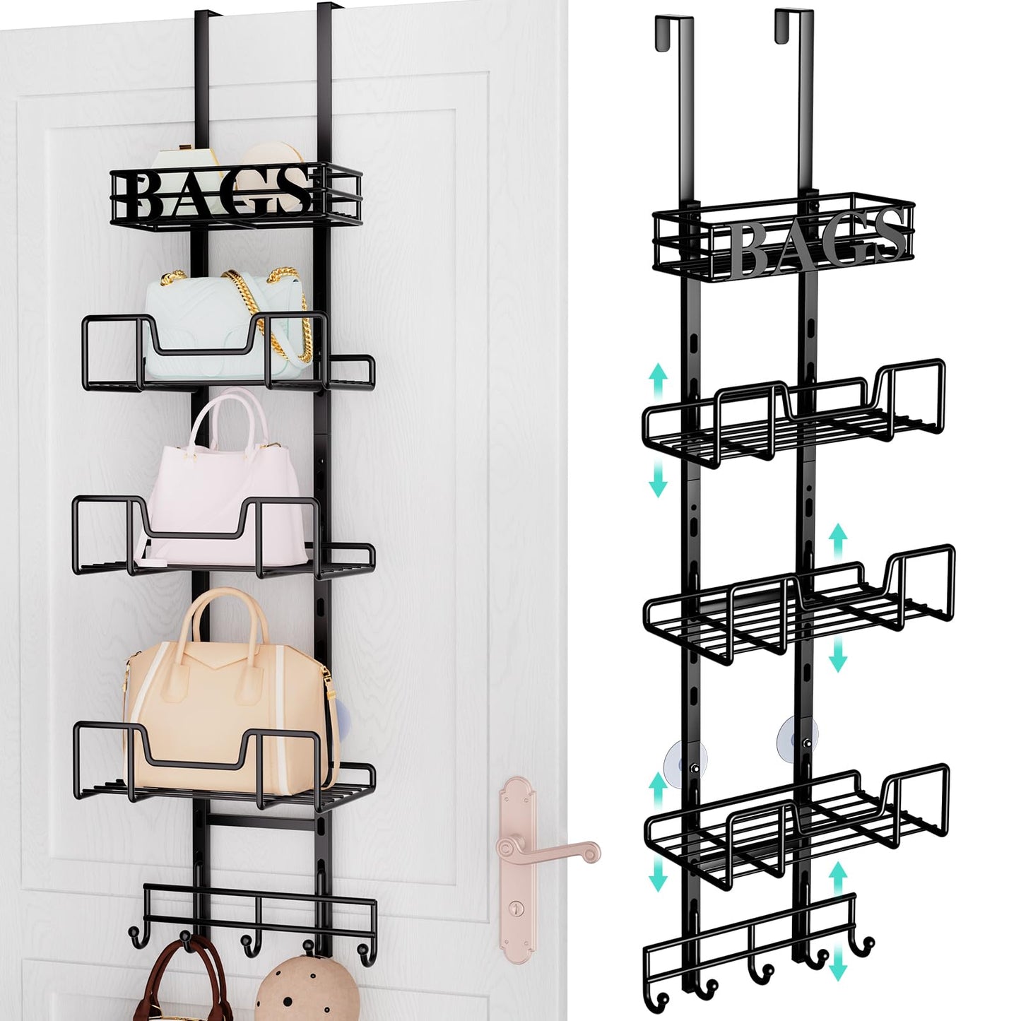 HapiRm Purse Organizer Storage Rack - Floor-Standing 3 Tier Purse Holder with Side Hooks and Transparent Pockets for Handbag Storage, High-Capacity Bag Organizer for Closet, Home, Living Room