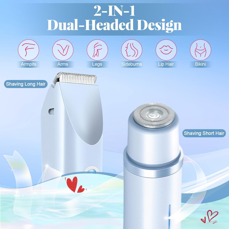 Bikini Trimmer for Women, 2-in-1 Painless Dual Head Shaver Women with Painless Ceramic Blades, Waterproof Electric Razors for Body & Face, Holiday Gift for Her (Blue)