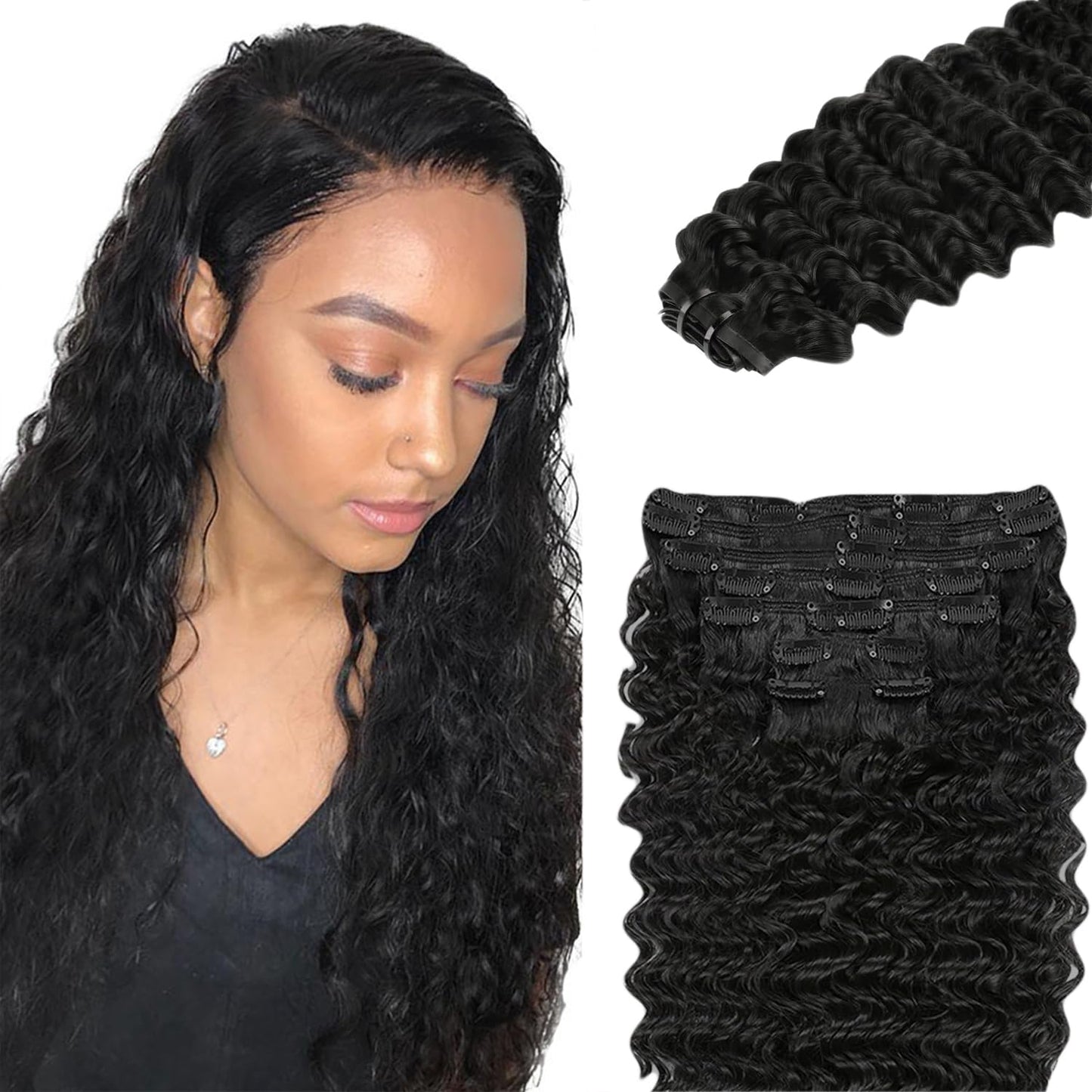 Deep Wave Clip ins Human Hair, 28 Inch 120g/7Pcs,Full Shine Black Human Hair,Natural Black Clip ins Brazilian Virgin Hair #1B Deep Wave Clip in Hair Extensions