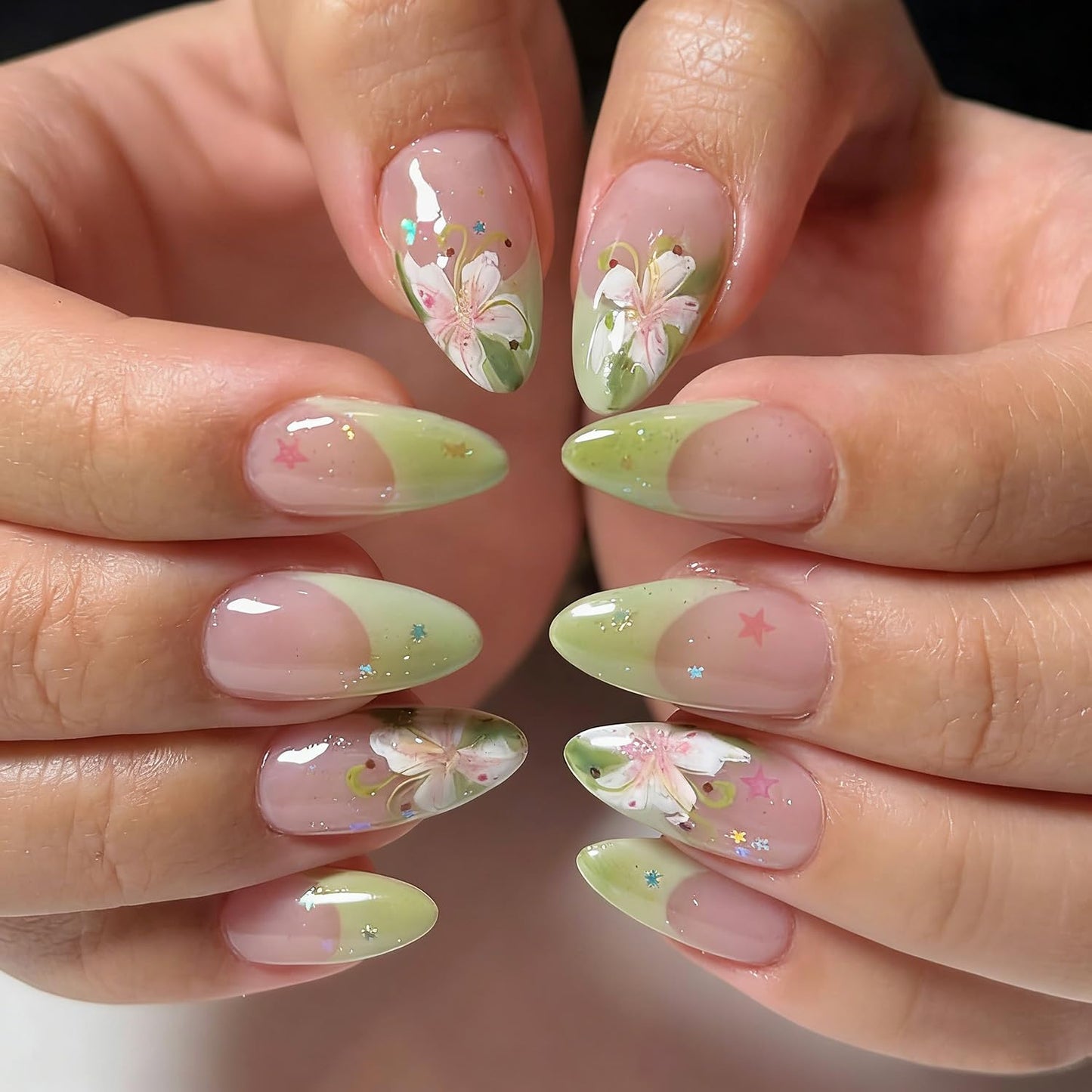 Blue French Tip Press-On Nails - 24 Pcs Medium Almond Acrylic with Pearl Glossy Designs & 3D Bow | DIY Manicure Decor