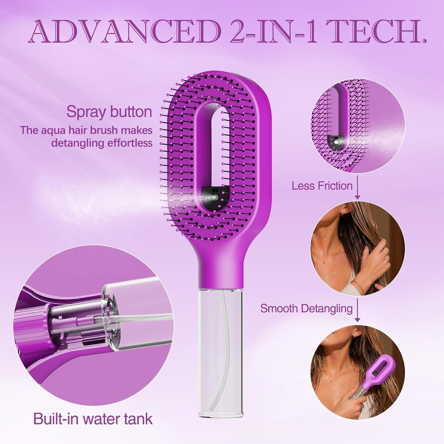Detangling Hair Brush with Water Spray - 2-in-1 Anti-Static Tool for Curly Hair | Reduces Breakage & Frizz, Purple