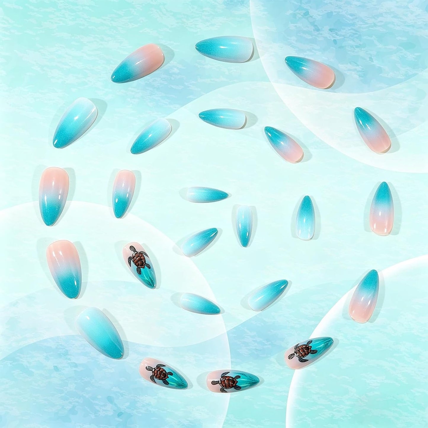 Press On Nails - Medium Almond Gradient Green Ocean | Glossy Acrylic Turtle Design - 24 Reusable Stick-On Nails