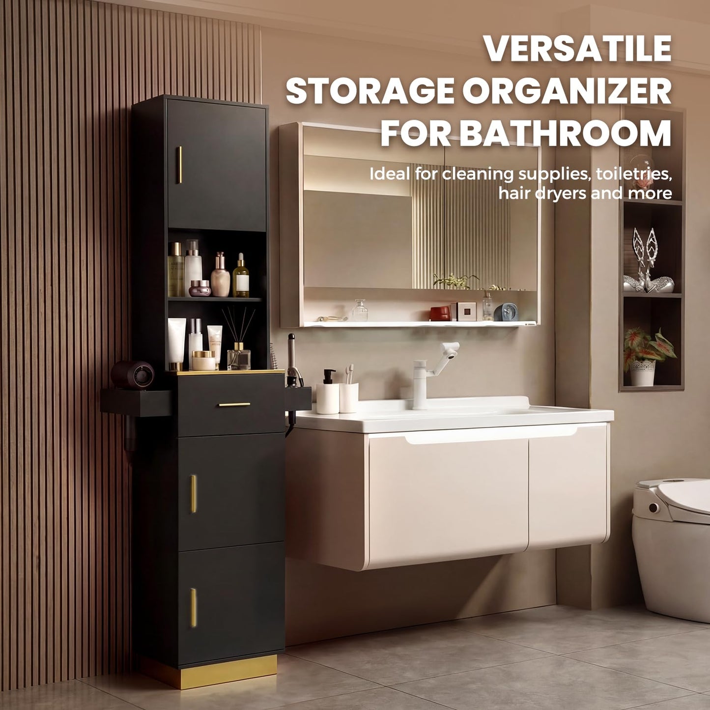Oakvera Tall Hair Salon Station for Hair Stylist with Storage (Black)