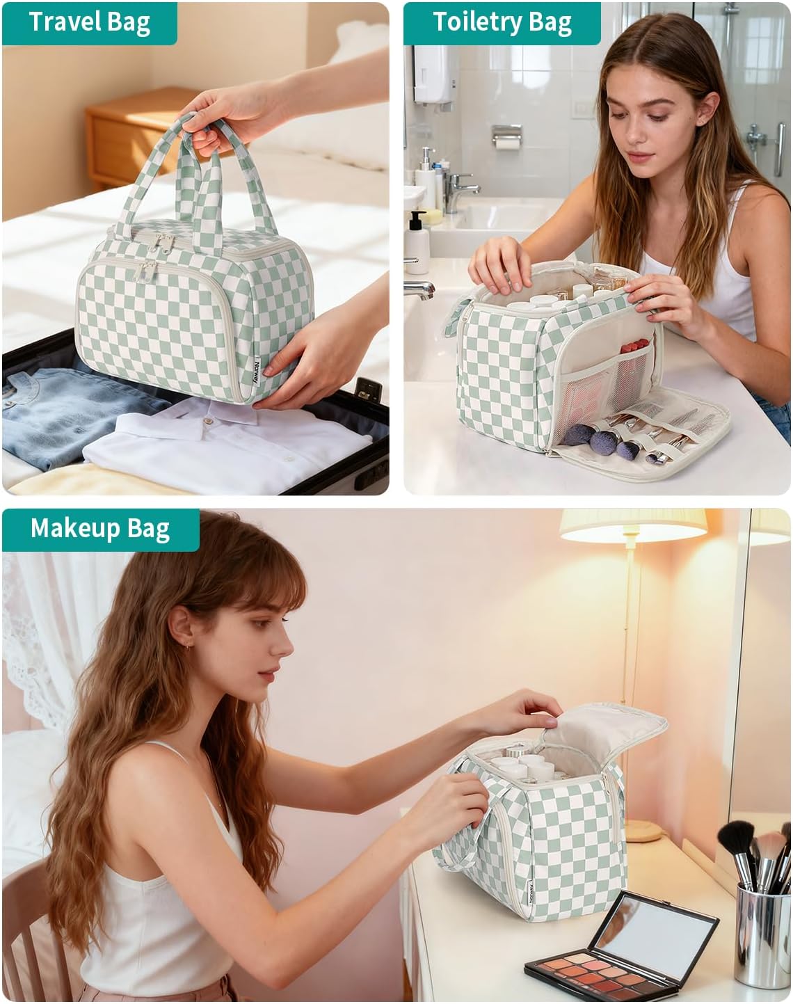 Checkered Travel Toiletry Bag - Large Makeup Organizer with Handle | Mint Green Checkerboard