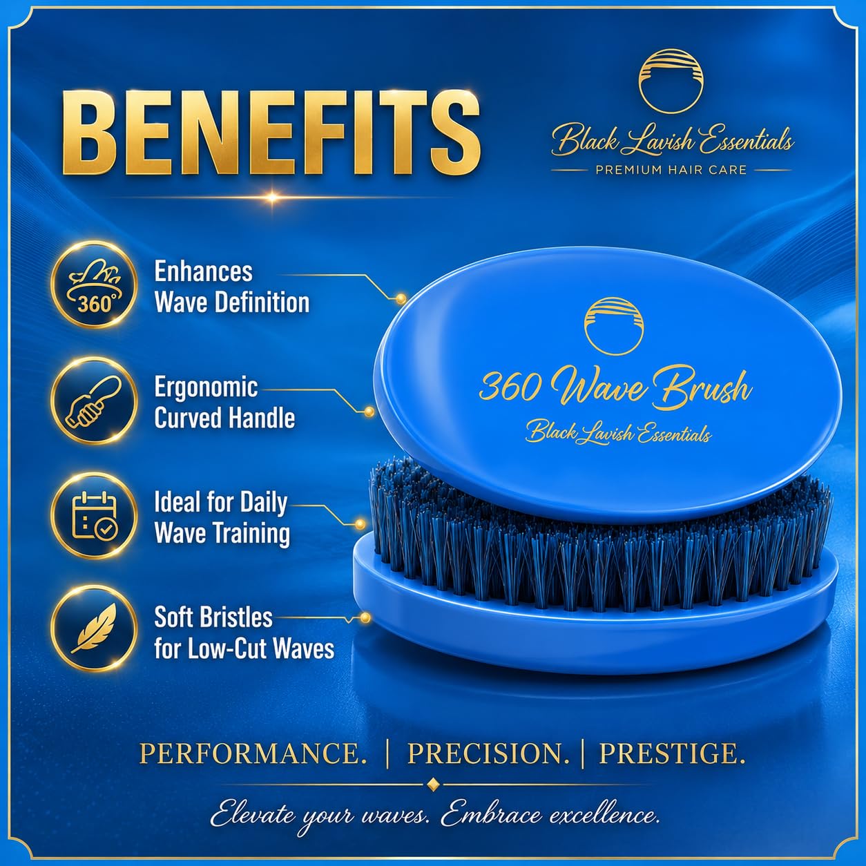360 Wave Brush - Soft Boar Bristle for Deeper Waves | Curved Design, Medium-Hard, Sky Blue