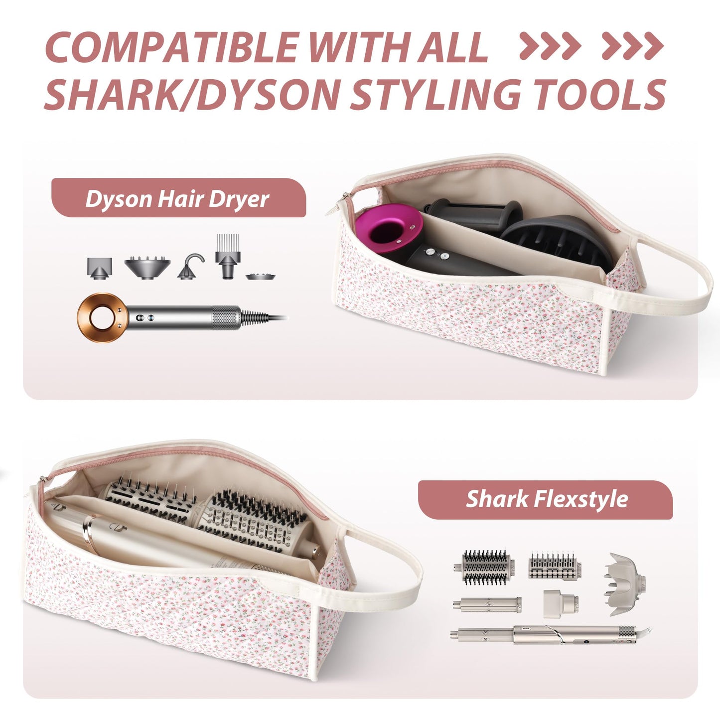Linpr Travel Case Compatible with Dyson Airwrap Styler/Shark Flex Style, Portable Carrying Organizer Case for Hair Tools, Cotton Quilted Hair Dryer Storage Bag (Pink Floral)