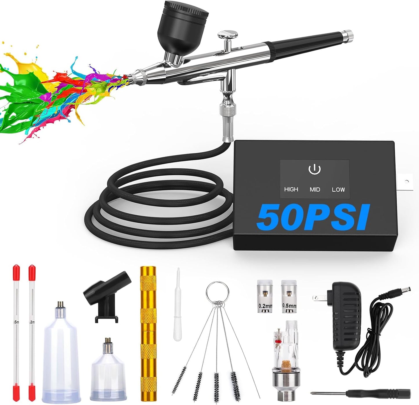 Airbrush Kit - Dual Action Airbrush Gun with 3 Nozzles & Compressor | Ideal for Painting, Nails, Makeup & Cake Decorating