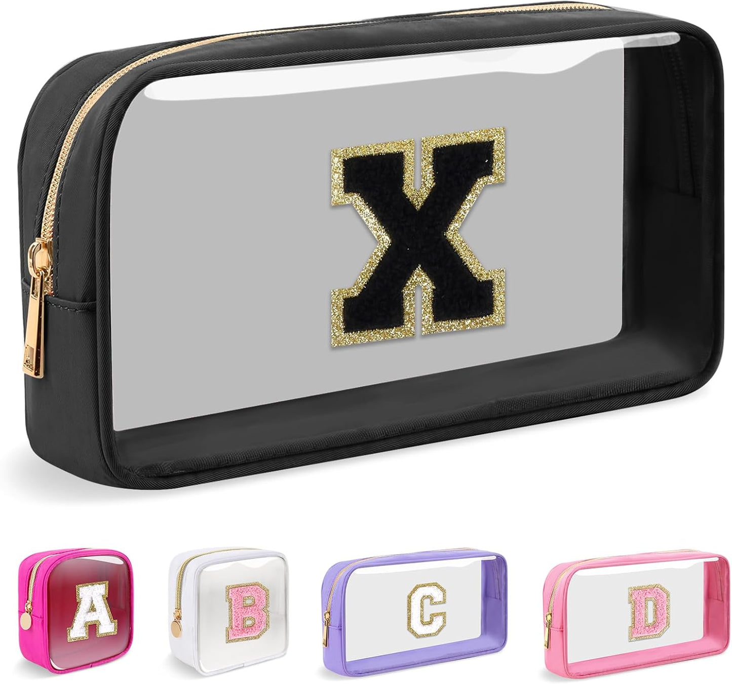 Personalized Initial Makeup Bag - Waterproof Nylon Cosmetic Pouch | A-Z Chenille Letter Patch, White-Pink G