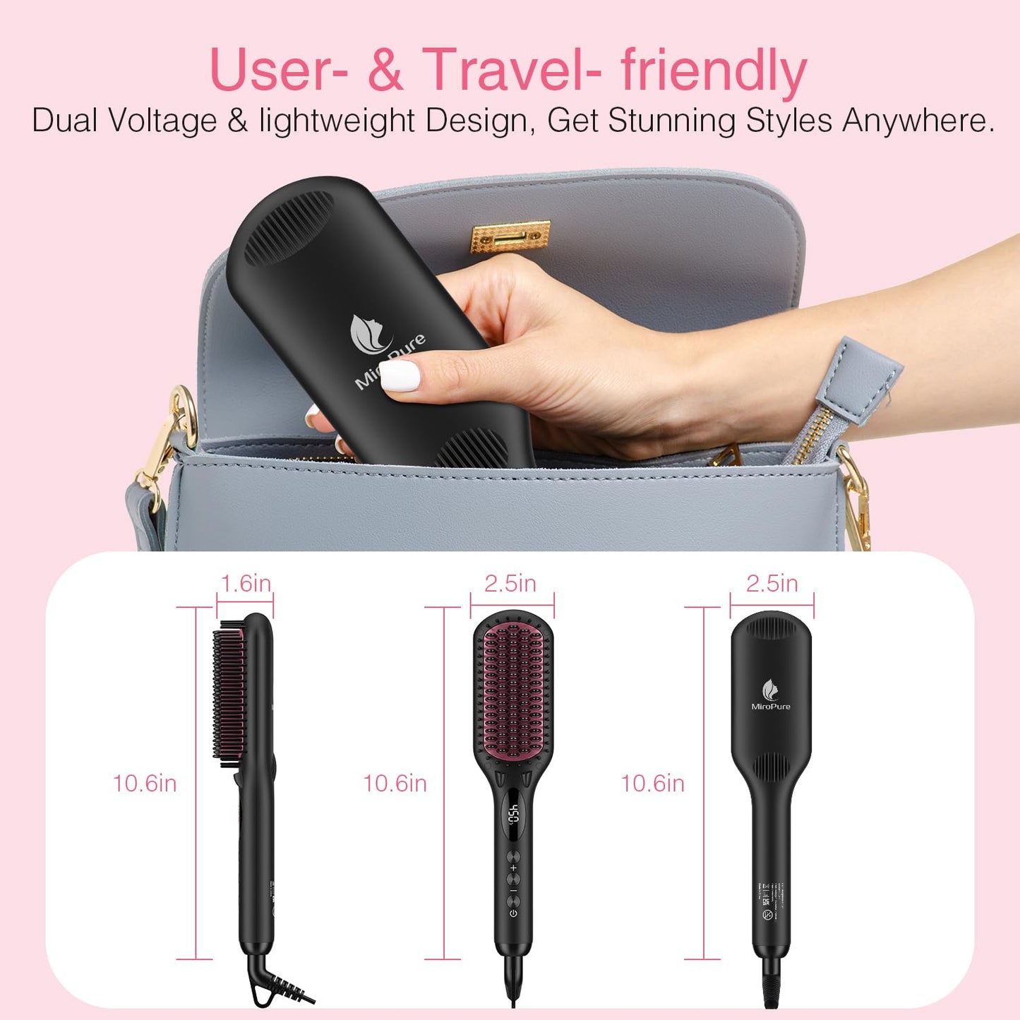 MiroPure Enhanced Ceramic Hair Straightener Brush - 2-in-1 Ionic Styling Tool with Anti-Scald & Auto-Off Features | Black