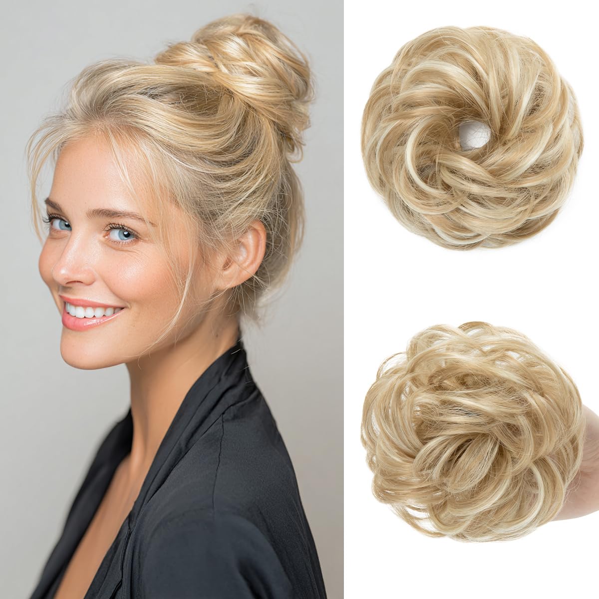 Small Messy Bun Hair Pieces for Women - Synthetic Curly Mini Scrunchies | 2PCs Pepper Grey