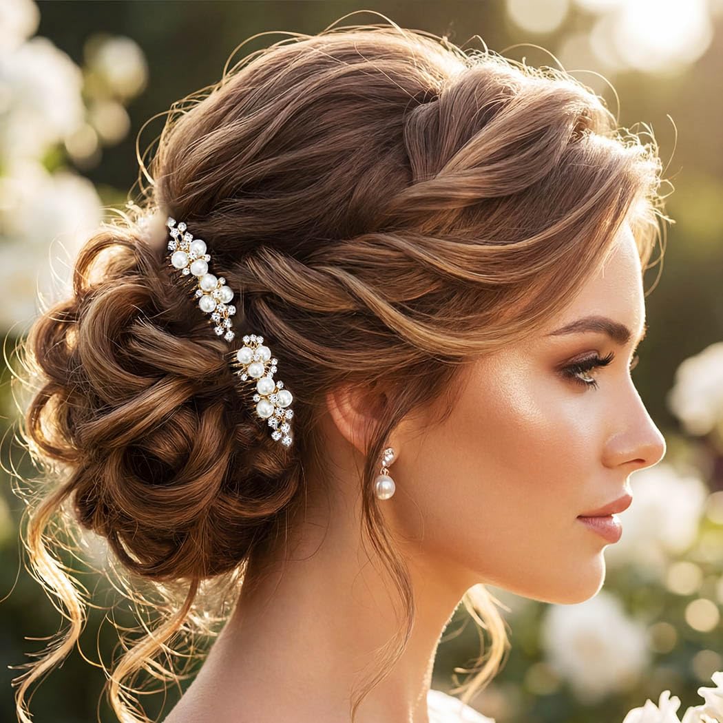 EVAZEN Pearl Wedding Hair Accessories Bridal Hair Comb Rhinestone Bride Hair Clip for Women(2 pcs)(Gold)