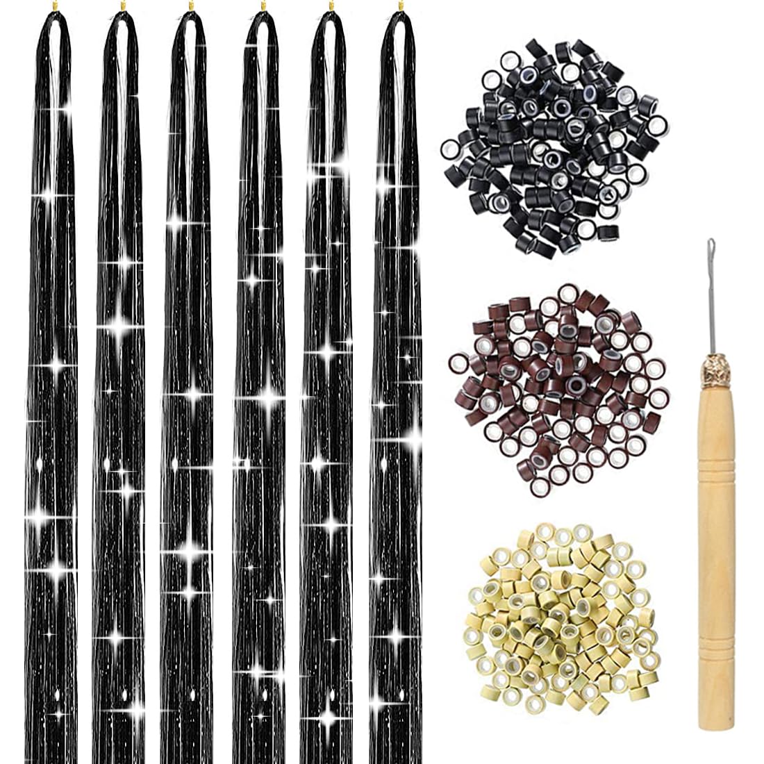 Hair Tinsel 47 Inches Hair Tinsle Kit with Tools 1200 Strands Fairy Hair Tinsel Heat Resistant Sparkling Shiny Extensions Glitter Tinsel Kit for Women Girls