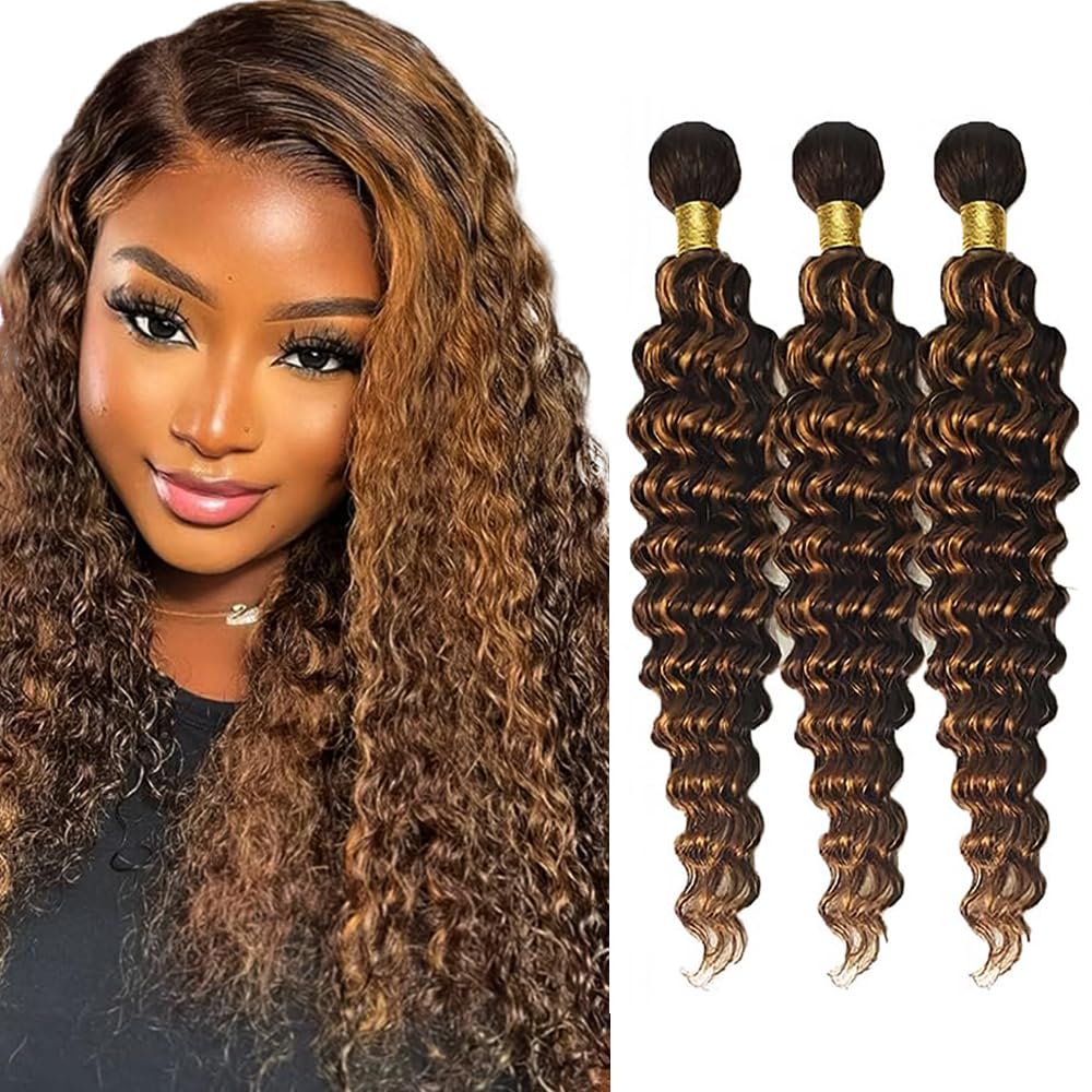Freiuoke Color 30 Human Hair Bundles 16 18 20 Inch 4/30 Deep Wave Bundle Brazilian Virgin Hair 3 Bundles Highlight Bundle Human Hair Extensions
