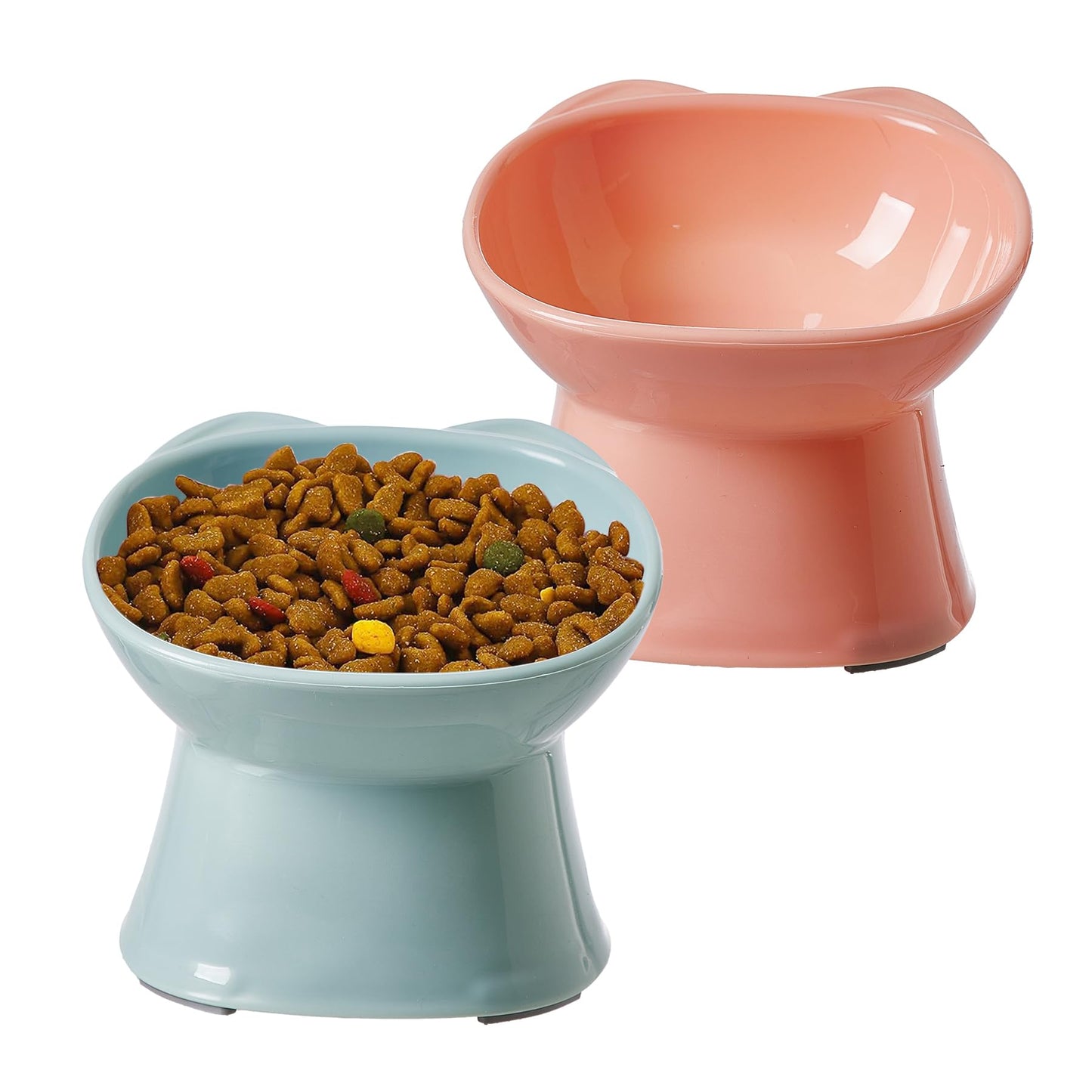 KSIA Klear Elevated Cat Bowls 2 Pack, Tilted Raised Cat Bowls for Indoor Cats, for Food and Water, 4.72" Wide, Whisker Friendly Anti Vomit for Indoor Cats, Microwave and Dishwasher Safe, Pink&Blue