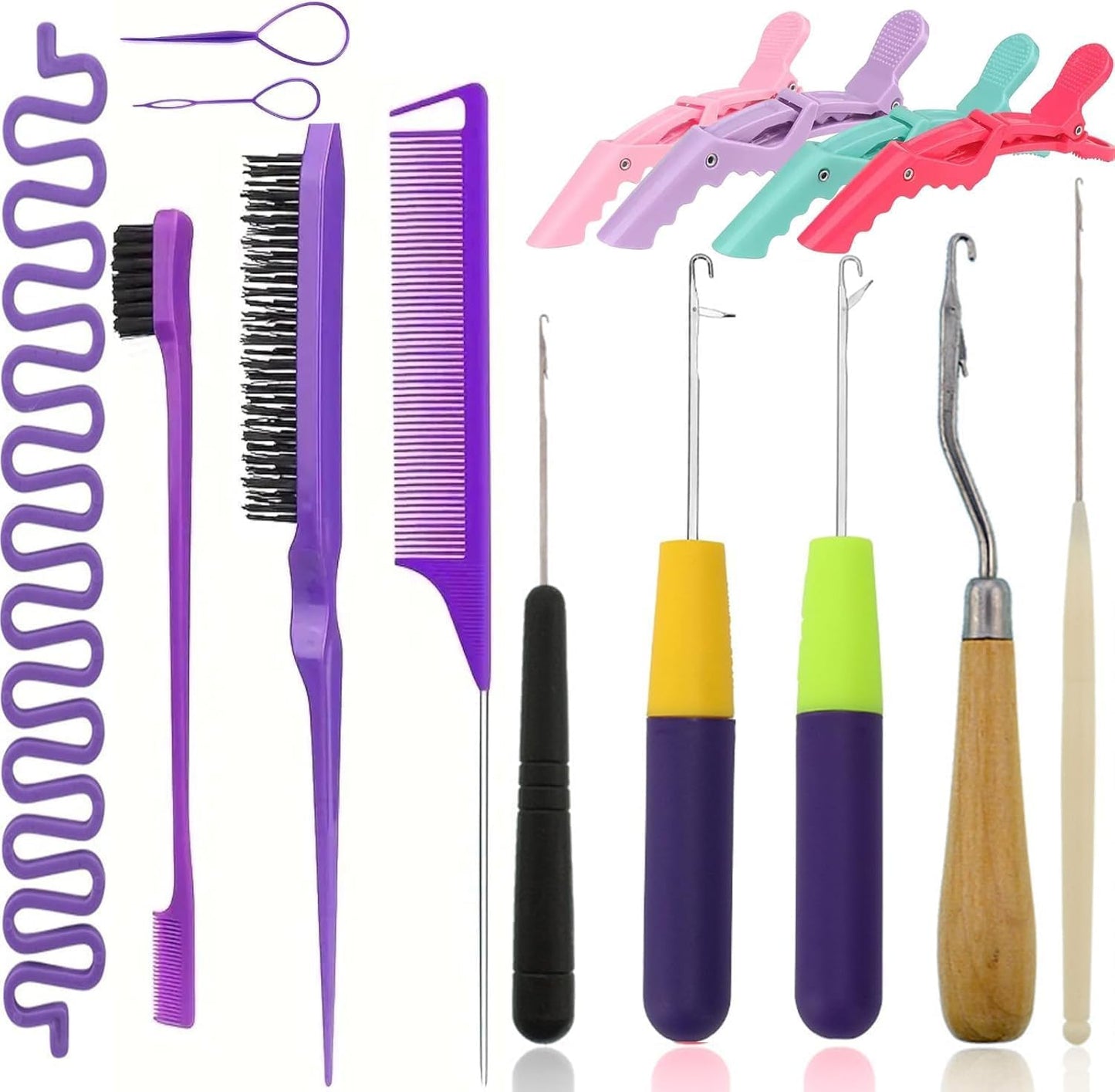 Nalexmi Crochet Hooks for Hair, 15 PCS Latch Hook Crochet Needle Set for Braiding, Locs, Dreadlocks and Passion Twist Extensions, with Tail Comb and Duckbill Hair Clips, Purple Styling Kit