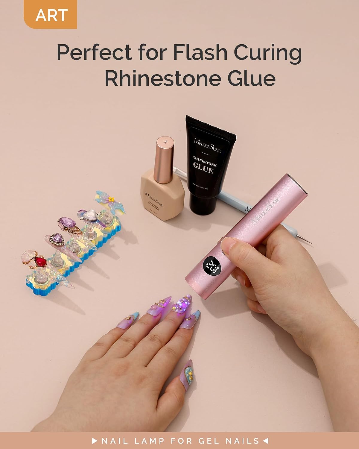 Handheld Cordless UV Nail Lamp - Rechargeable Mini LED Light with LCD Display for Soft Gels & Rhinestone Glue | Pink