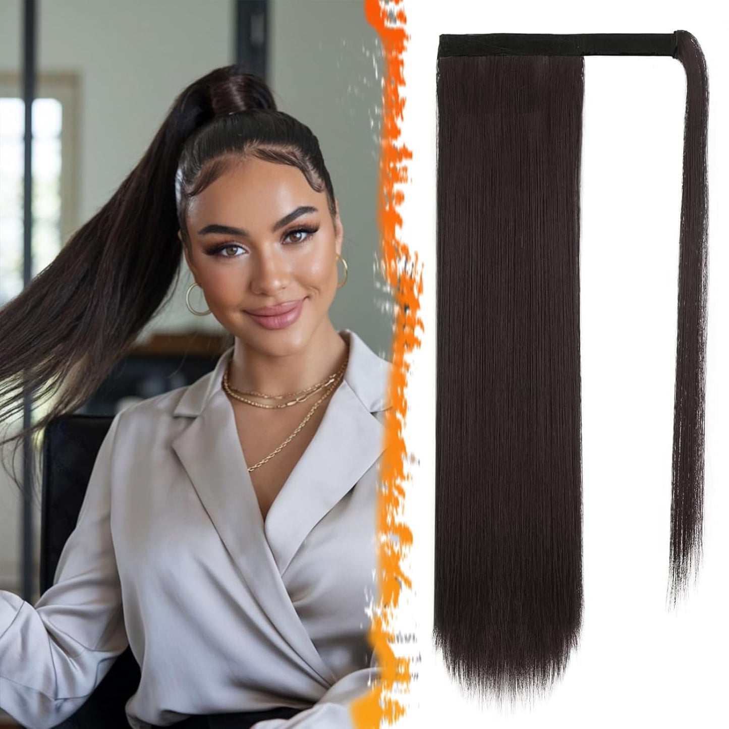 Dark Brown Straight Ponytail Extension - 28 Inch Clip-In Hairpiece for Women | Synthetic Wrap Around Style