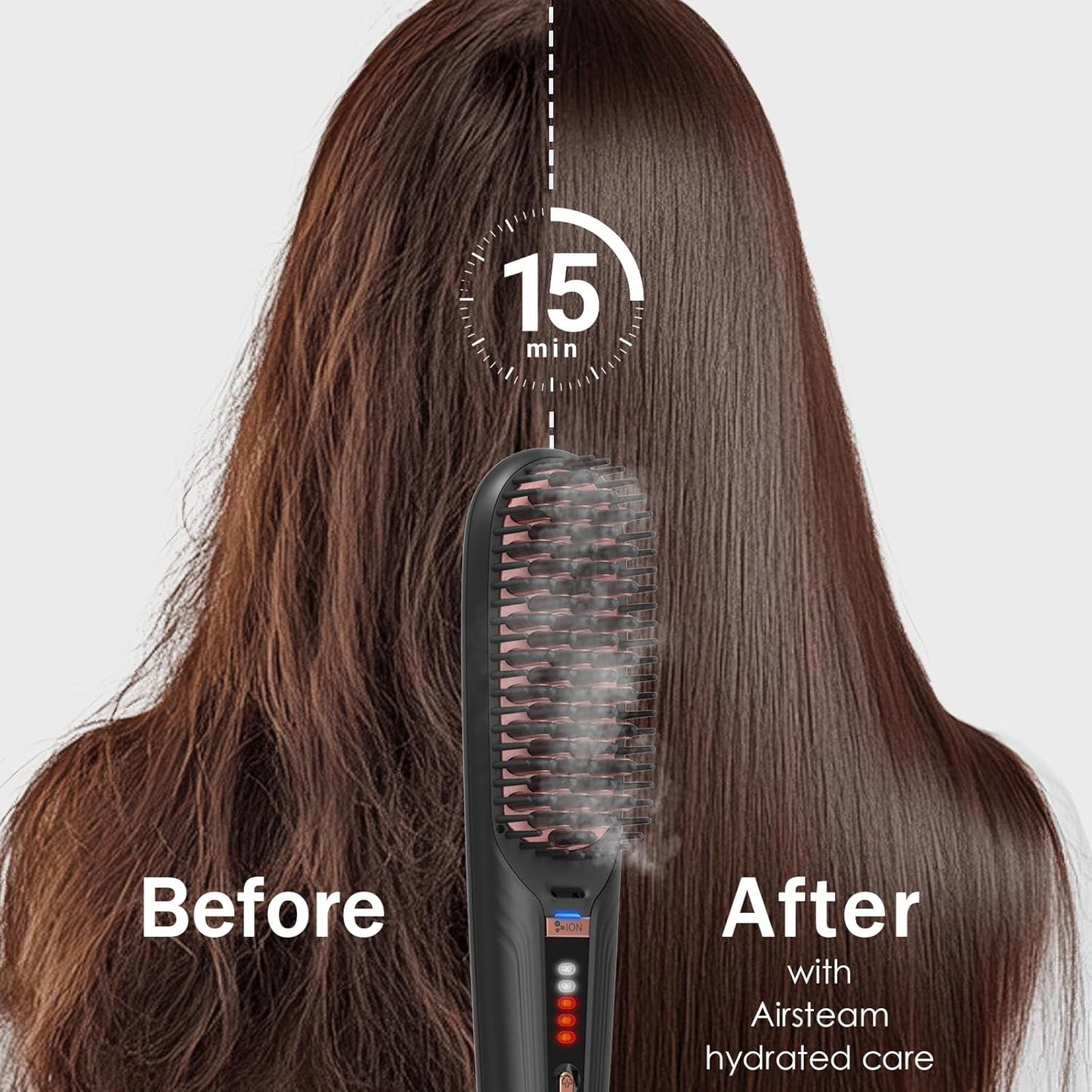 Steam Hair Straightener Brush - Anti-Scald Design, 2 Steam Levels & 3 Heat Settings | Fast Styling, Dual Voltage Black