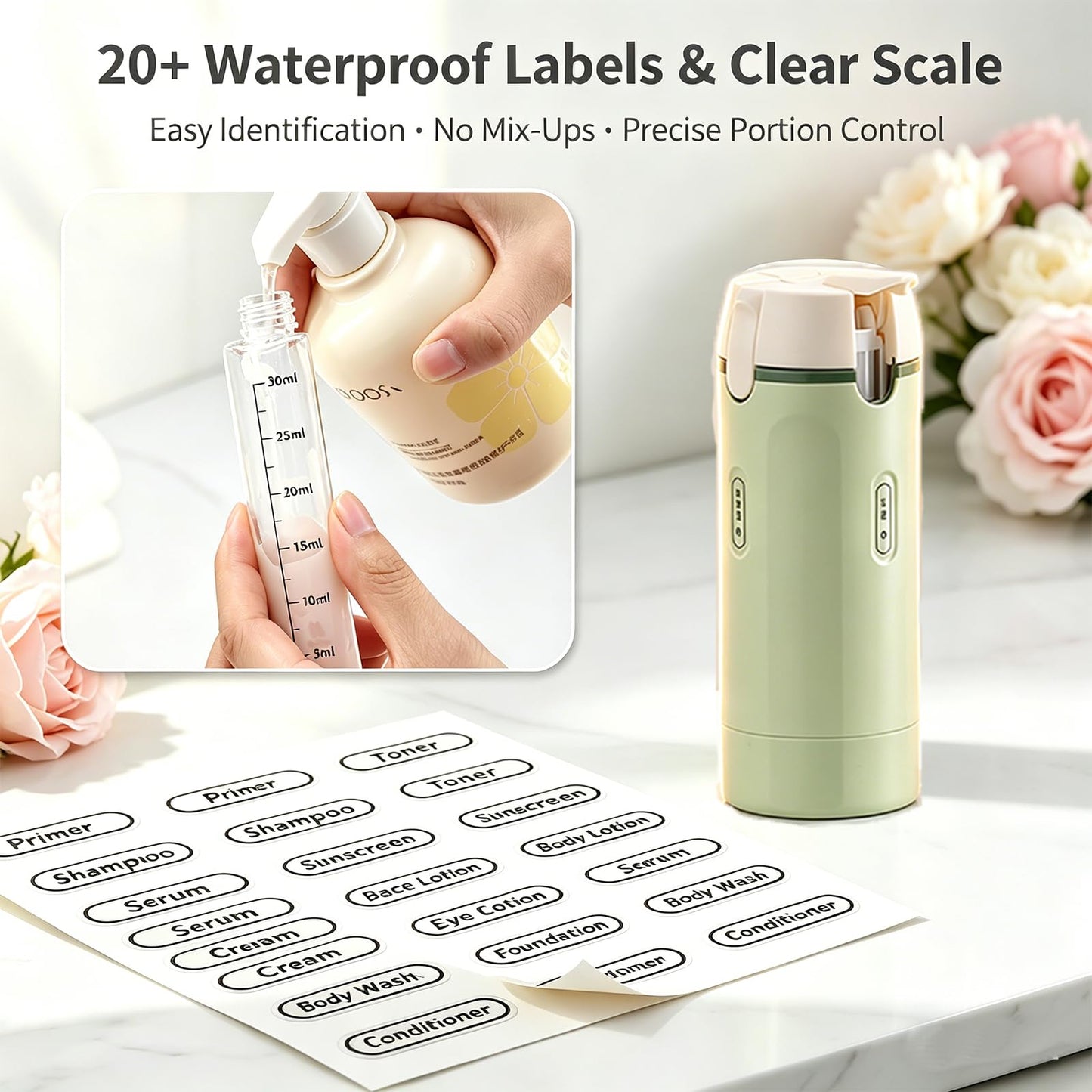 4 in 1 Travel Dispenser, Travel Bottles for Toiletries, No Squeeze Press Dispenser 30ML Leak Proof Travel Containers, Portable Refillable Shampoo Lotion Conditioner Bottles with Labels(2White)