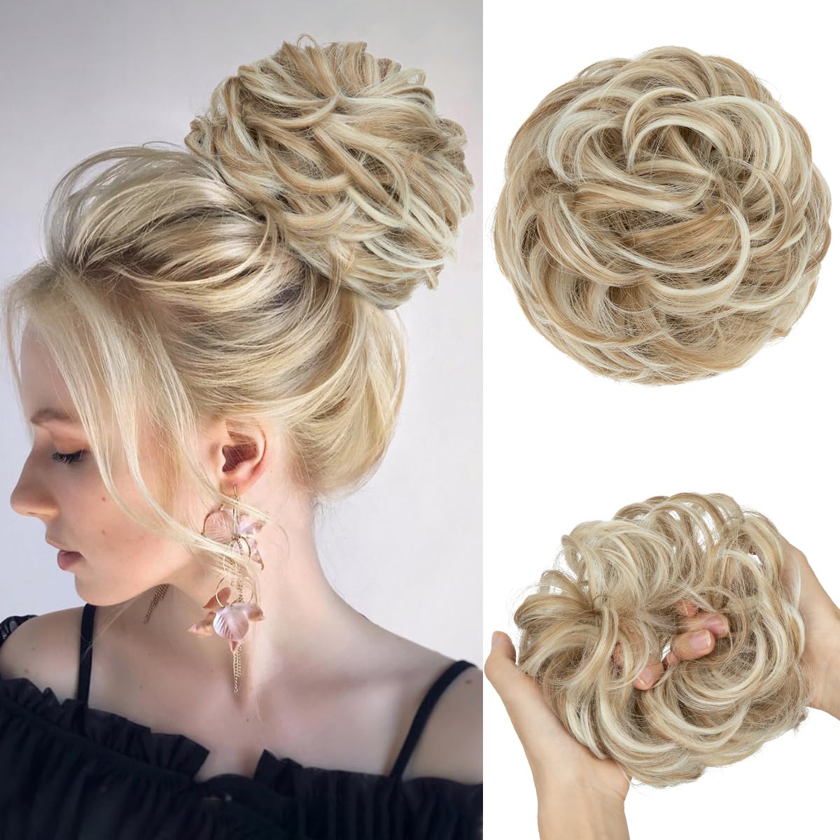 Large Messy Bun Hair Piece - Wavy Curly Synthetic Chignon Ponytail Extensions | Thick Updo for Women - Dirty Blonde
