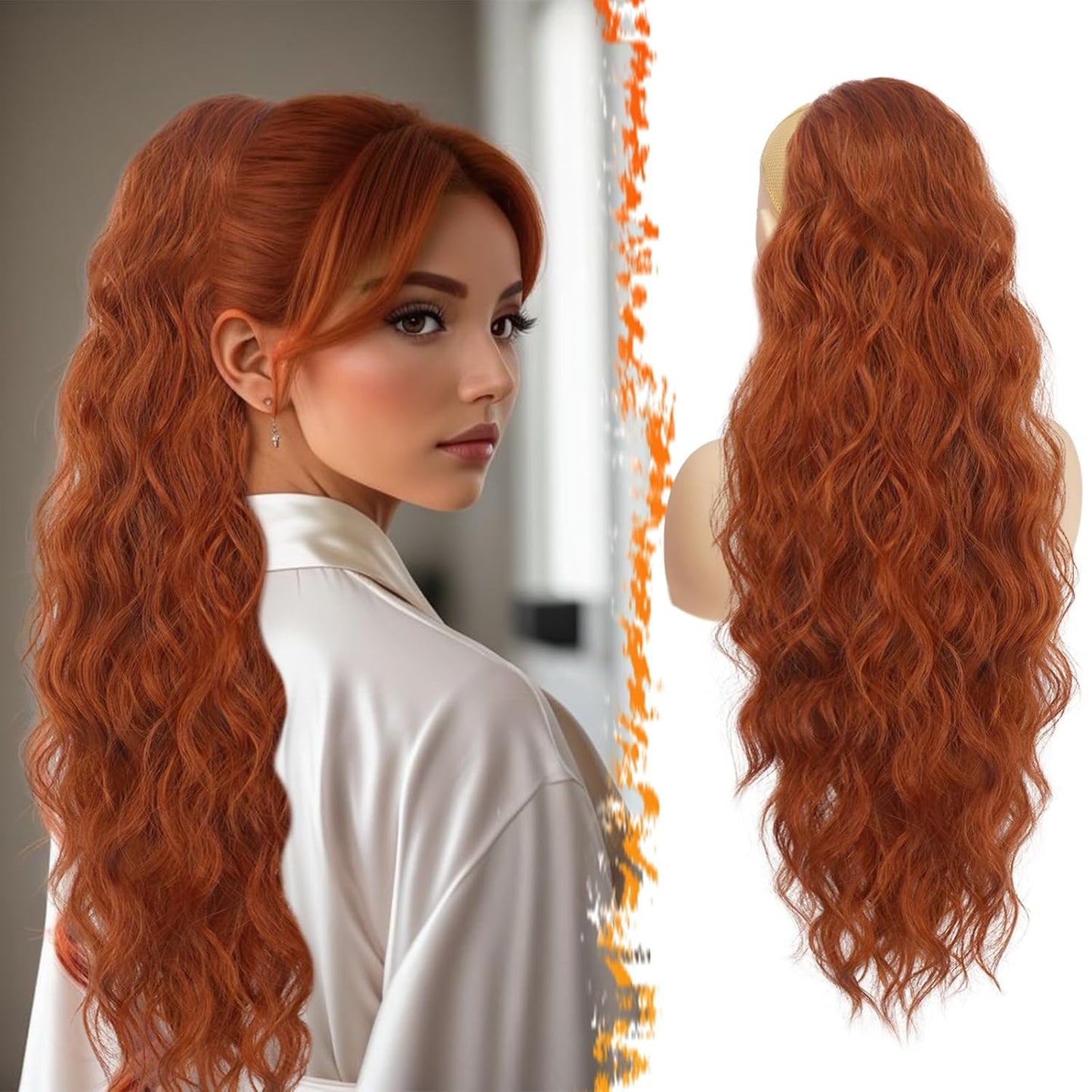 Highlight Ponytail Extension - 20 Inch Curly Wavy Drawstring Hairpiece for Women | Ash Brown & Blonde