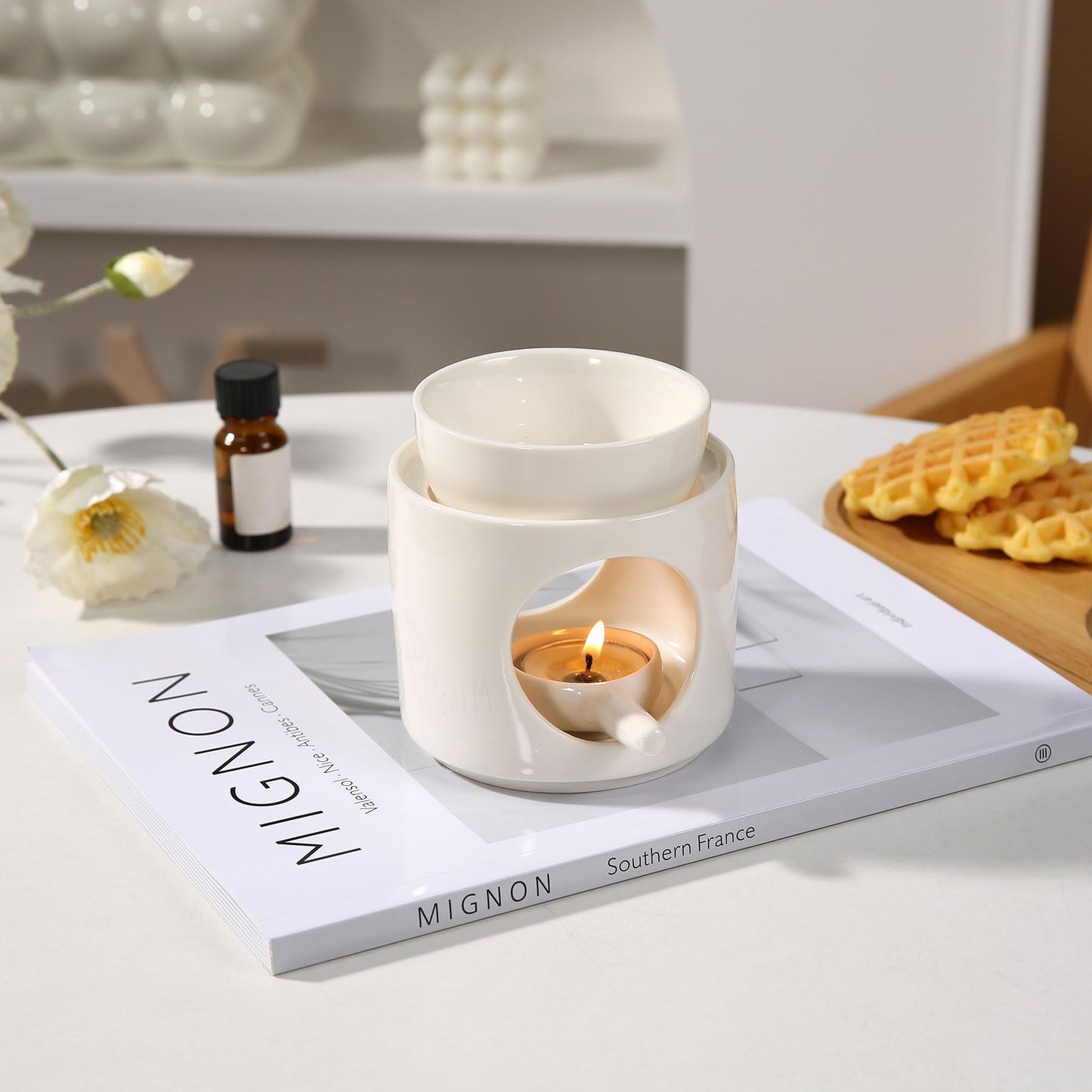 Auxmeware - Essential Oil Burner for Scented Oil, Oil Warmer, Tealight Wax Melt Warmer, Candle Diffuser, Tea Light Holder, White