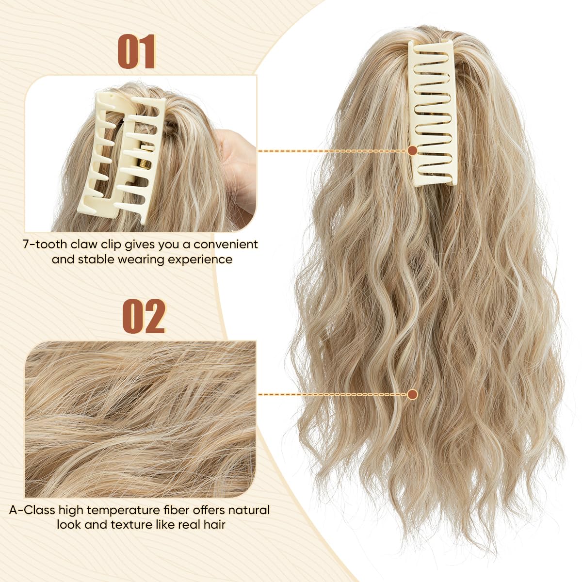 Ponytail Extensions - Wavy Curly Claw Clip Hairpieces for Women | 12" & 14" Beige Multi Set