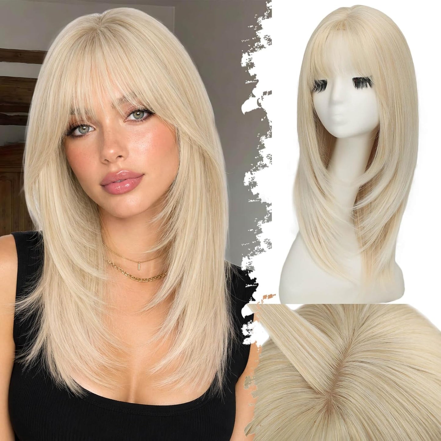 Beginner-Friendly Ash Blonde Wig with Bangs - 4x4 Glueless Synthetic Hair, Medium Length, Face-Framing Layers