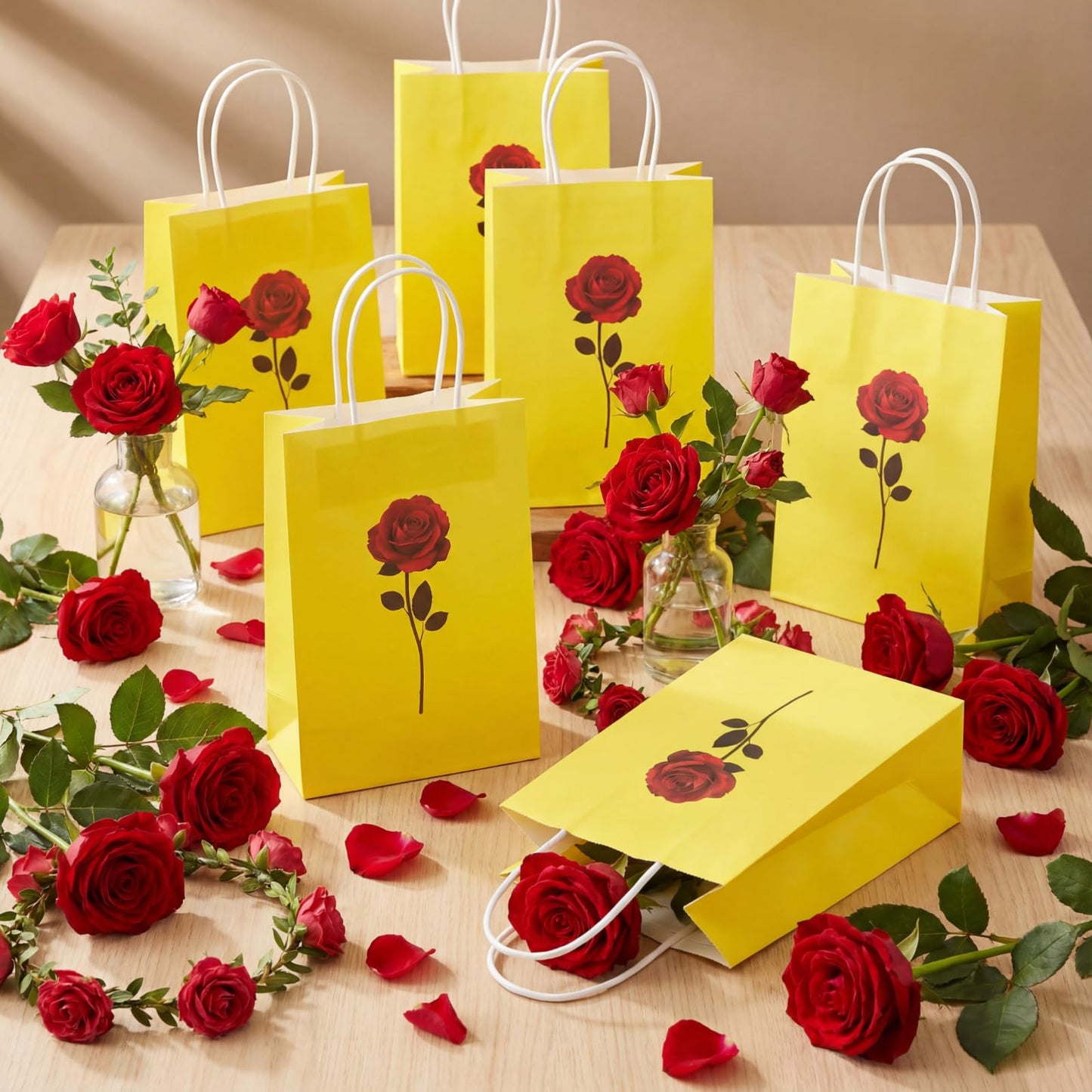 Humyoun 30 Pcs Rose Beauty Gift Bags Princess Party Favors Paper Goodie Candy Treat Paper Bag with Handle Bulk Princess Birthday Party Supplies Decorations, 8.3 x 5.9 x 3.2 Inch