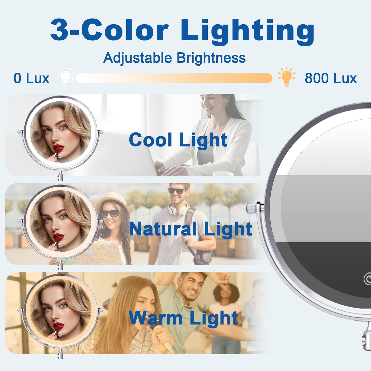 8“Lighted Makeup Mirror Wall Mounted Suction Cup,1X/10X Magnifying Mirror Rechargeable No Drilling Wall Mounted Makeup Mirror Swing Arm, 2000mAh USB Charging, Wall Mount for Bathroom & Shaving Chrome
