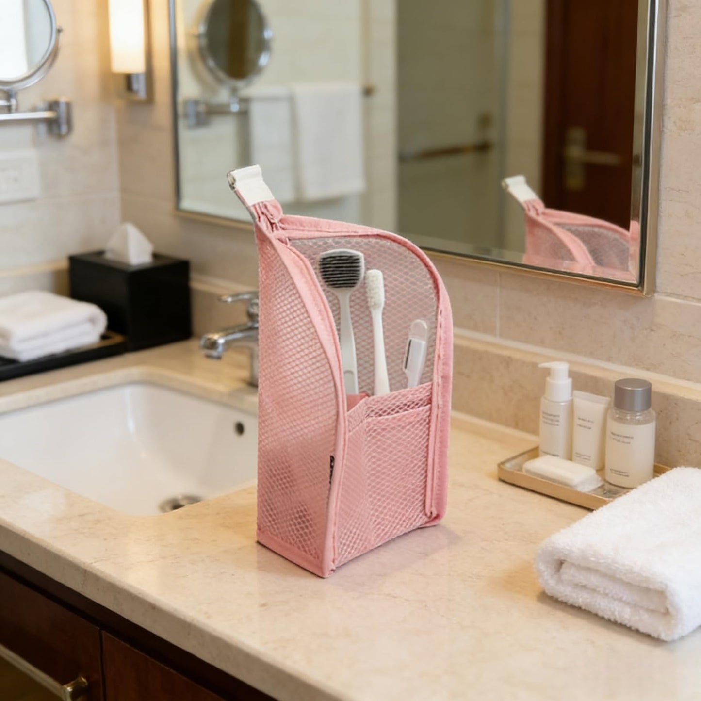 LUOBEIYAOHL Standing Toiletry Bag Stand up Makeup Brush Holder for Travel, Pink, Cosmetic Case