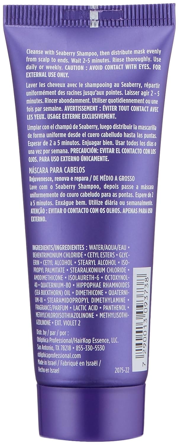 Obliphica Seaberry Hair Mask - Deep Conditioning Treatment for Dry, Damaged Hair - 2.64 Fl Oz | Moisturizing Repair for Color-Treated Hair