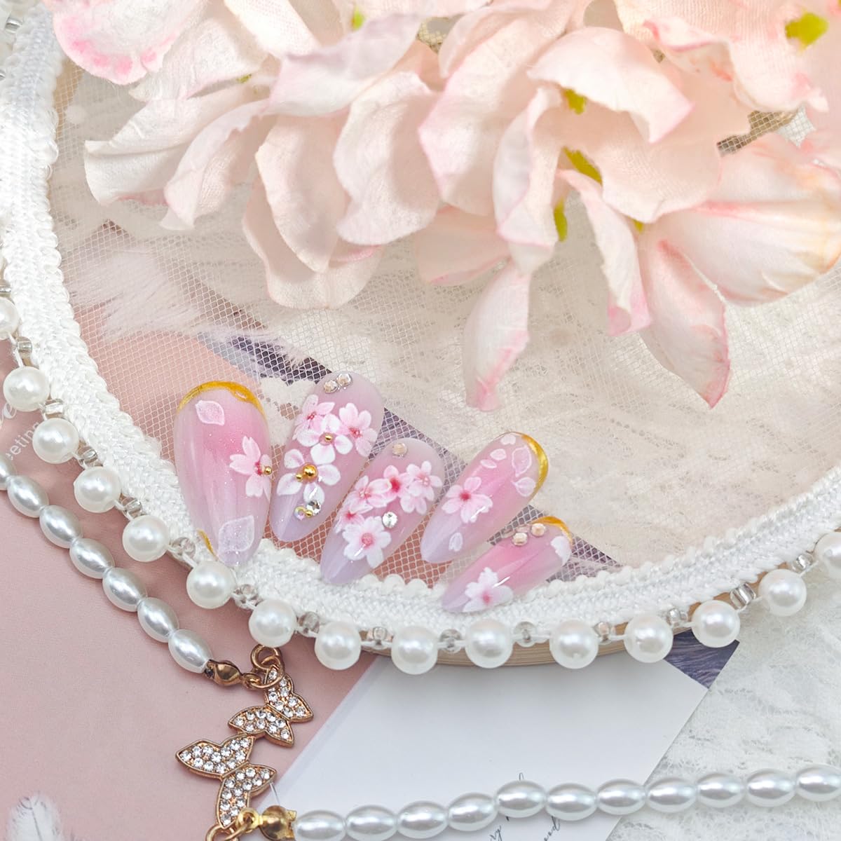 Pink Flower Press-On Nails - Medium Almond Floral Design with Rhinestones & Glitter | 24 Pcs Full Cover Acrylic Nails