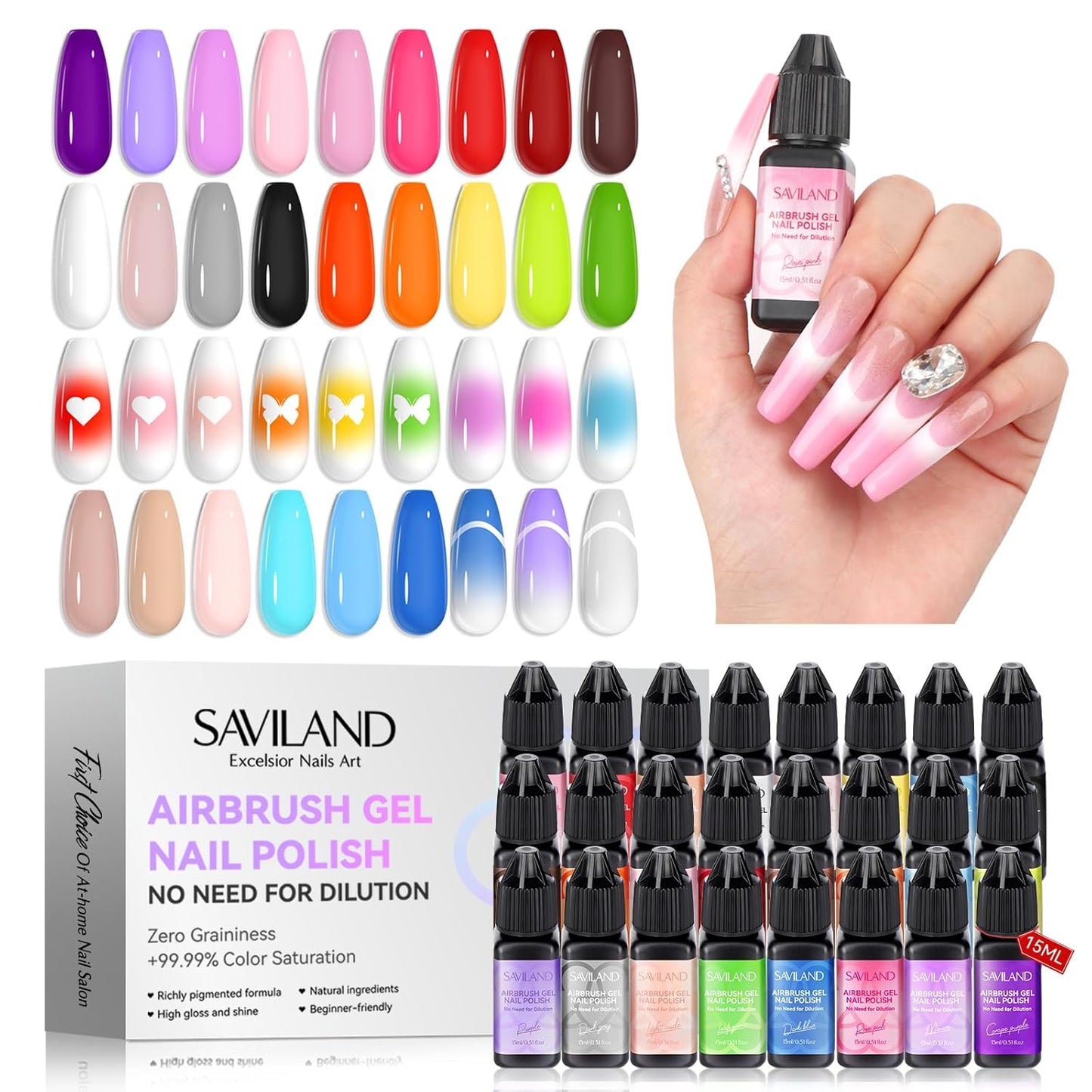 SAVILAND Airbrush Gel Nail Polish - 24 Colors, Dilution-Free Formula for Gradient Nail Art | Non-Acetone, High Color Saturation