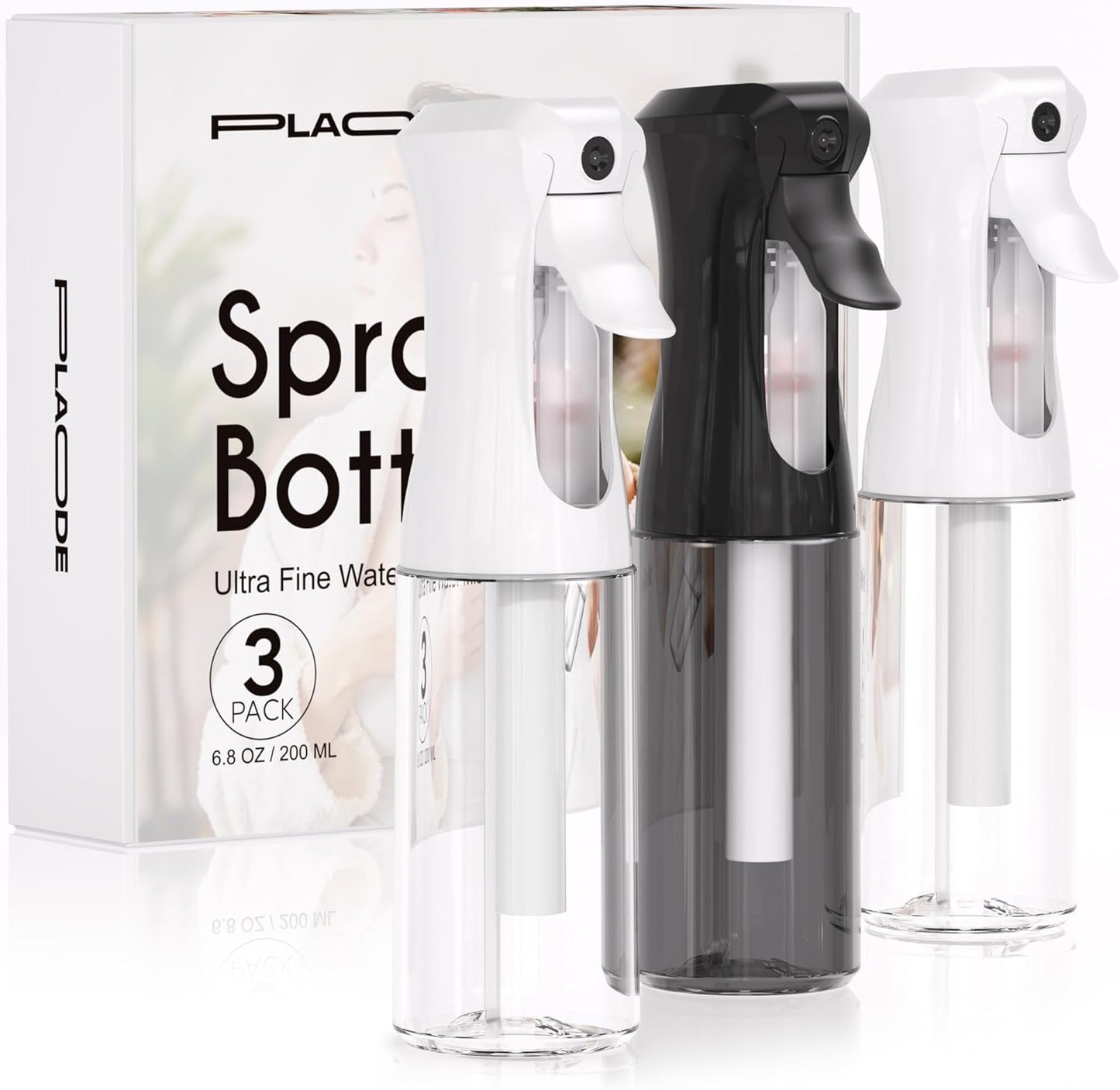 Continuous Spray Bottle for Hair - 3 Pack Refillable Mister for Hairstyling, Plants & Skincare | 6.8 OZ (Black & White)