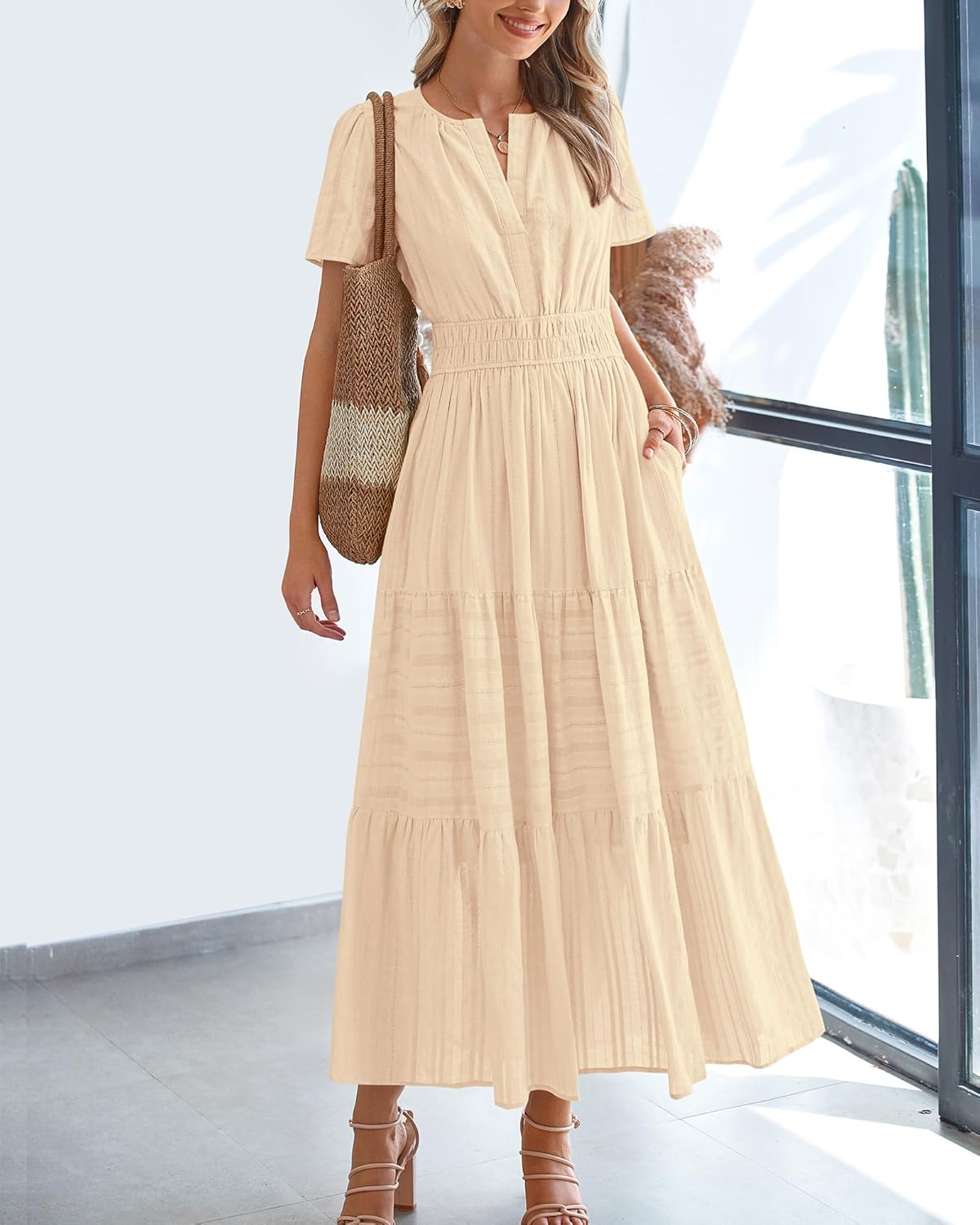 Summer Casual Midi Maxi Dress for Women - Lightweight V Neck, Elastic Waist & Pockets | Boho Beach Style