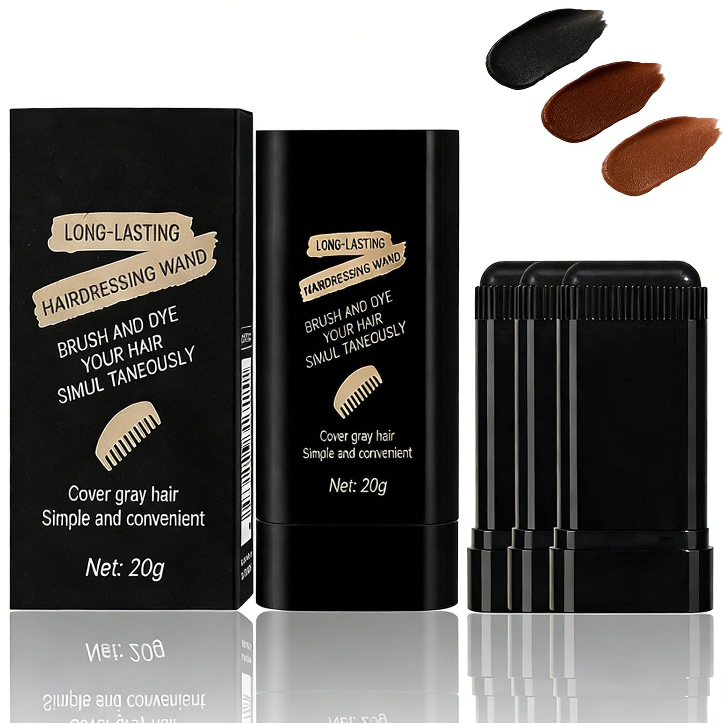 Hair Dye Concealer Stick - Waterproof Gray Hair Cover Up | Portable Temporary Color with Brush (Black, 2-Pack)