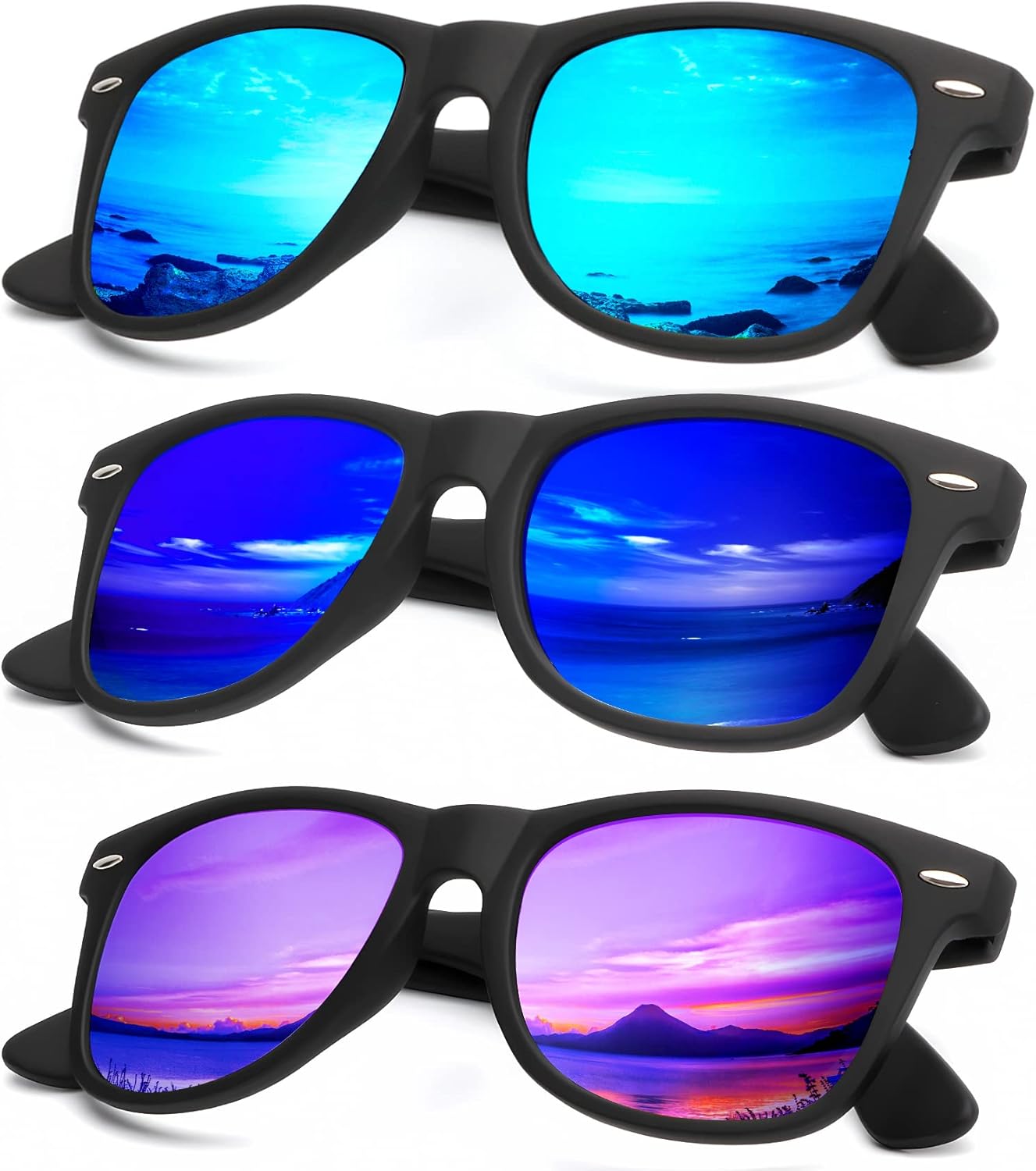 KALIYADI Polarized Sunglasses - Matte Finish, UV Blocking, Color Mirror Lenses | 3-Pack for Men & Women