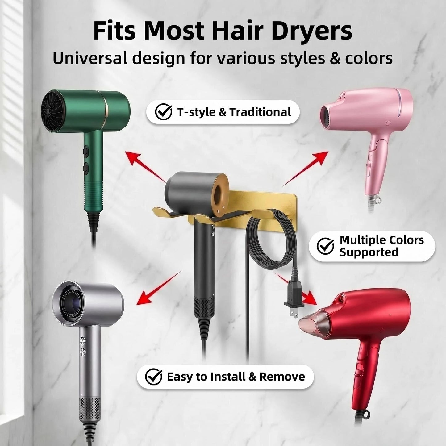 YOUGRIDDA Hair Dryer Holder Wall Mount, Universal No-Drill Stainless Steel Organizer with 3M Adhesive & Screws, Space Saving Blow Dryer Hanger for Bathroom Bedroom Salon RV (Gold)