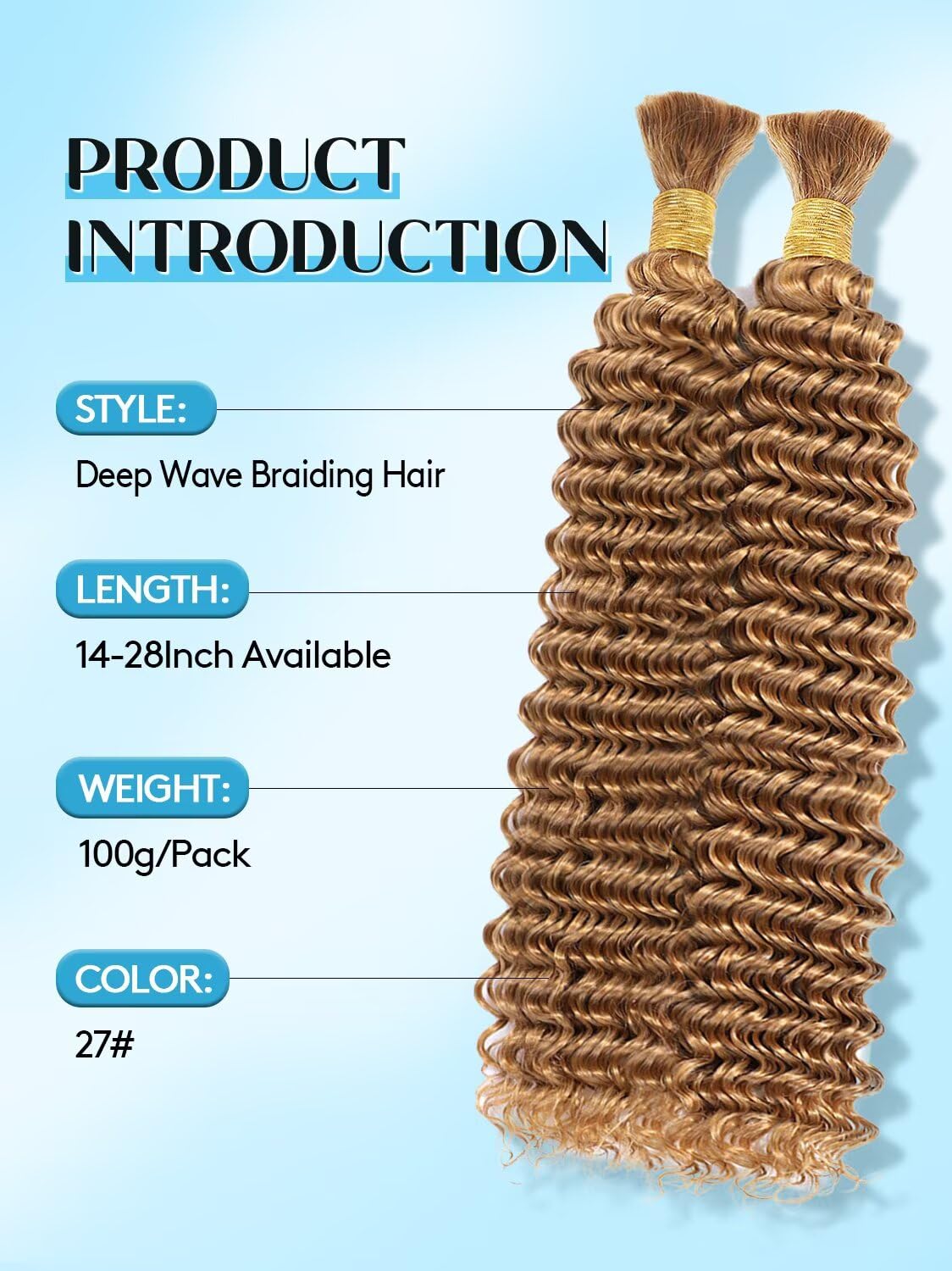 100% Unprocessed Human Hair for Braiding, #27 Honey Blonde Pre-Separated Curly Bulk Hair, 12A Grade Boho Braiding Hair Extensions,Deep Natural Soft Texture, 20 Inch 100g 2 Bundles