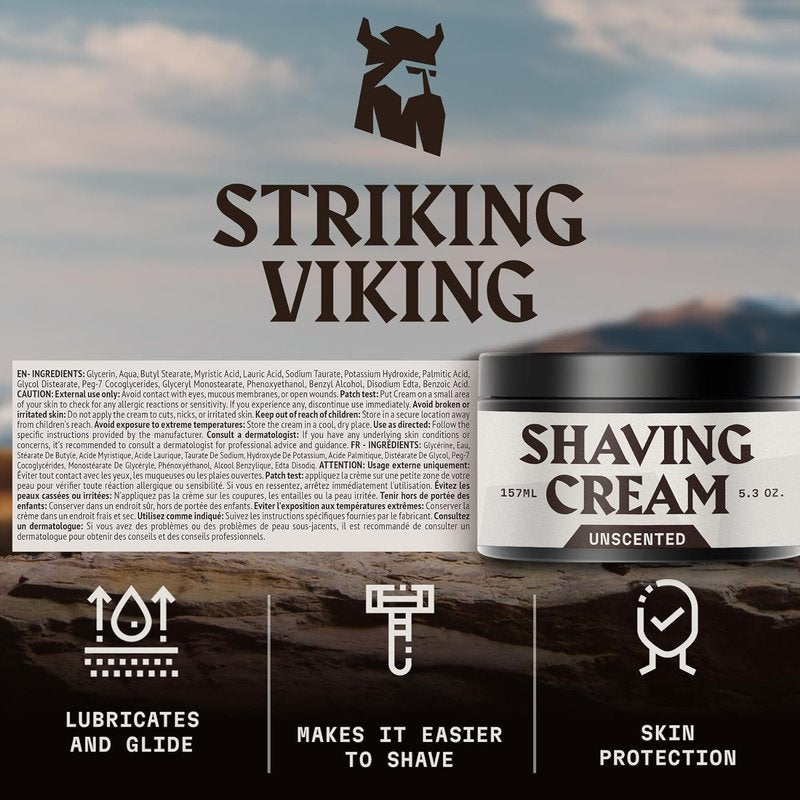 Striking Viking Men's Shaving Cream - 5.3 Oz, Pack of 1, Unscented - Irritation-Free Sensitive Skin - Compact Travel Shave Cream - Smooth Lather