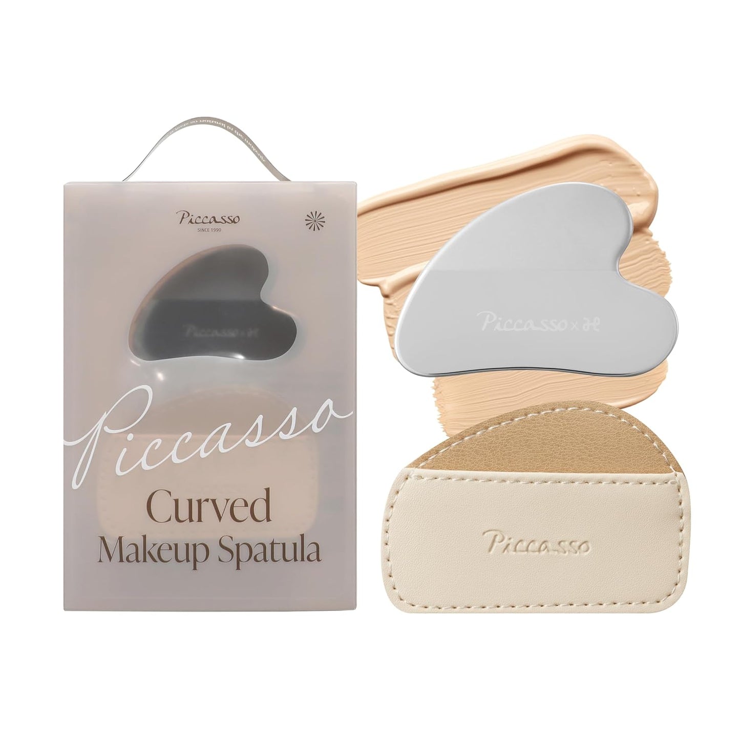 Curved Makeup Spatula - Stainless Steel Foundation Tool for Smooth, Even Application | Includes Synthetic Leather Case