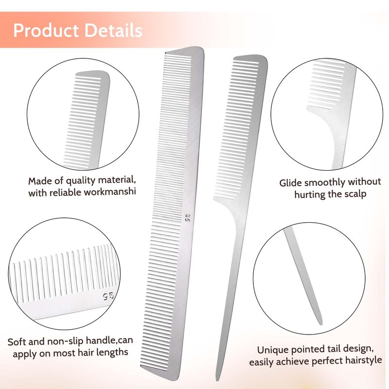 2 PCS Stainless Steel Rat Tail Comb with Metal Pick and Flat Top Barber Comb for Hair Styling